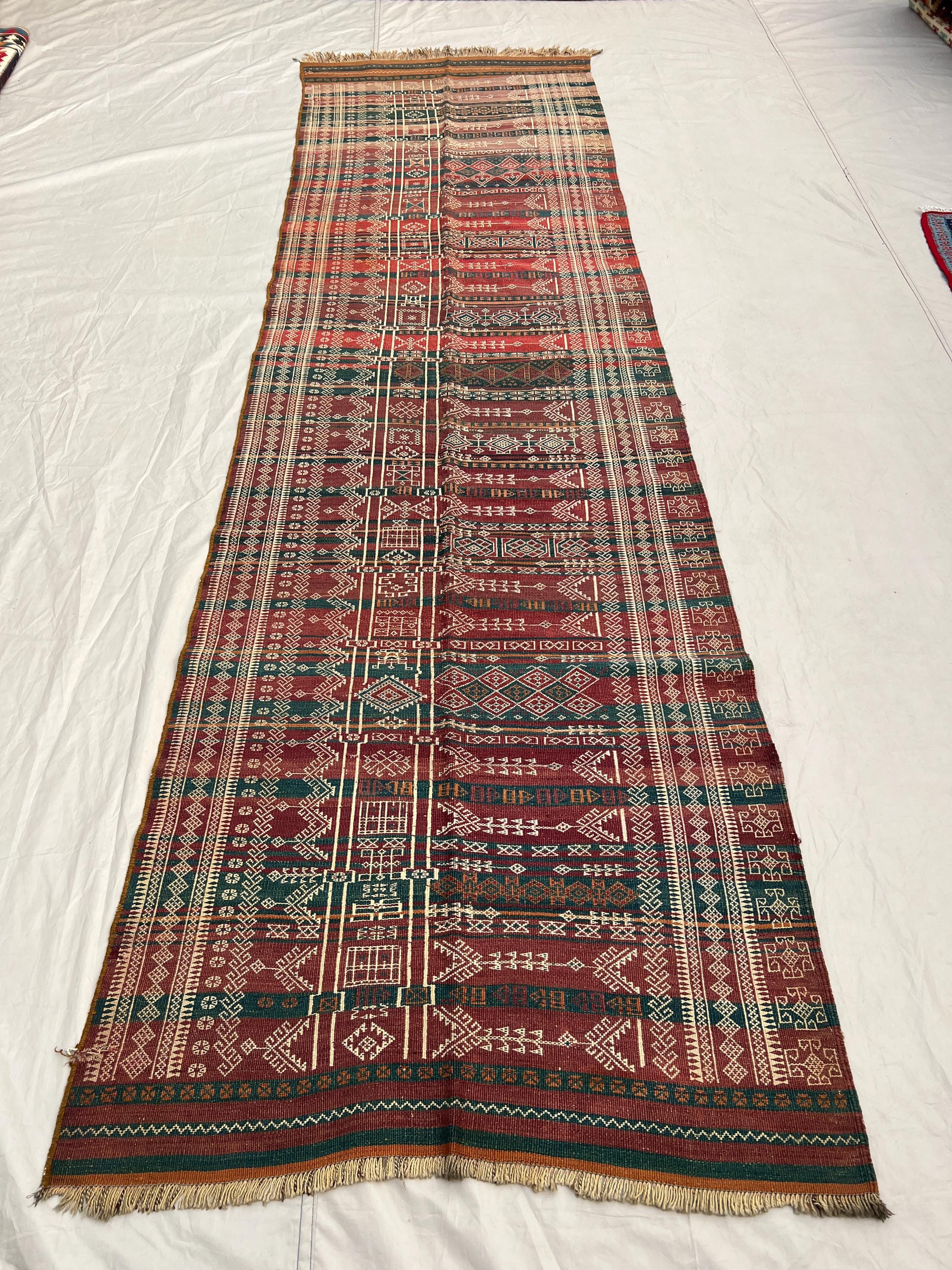 3'5x11'10 Antique Afghan Kilim Handwoven Wool Flatweave Central Spine Embroidered Stripe Burgundy Forest Green Ivory Long Runner | Hallway