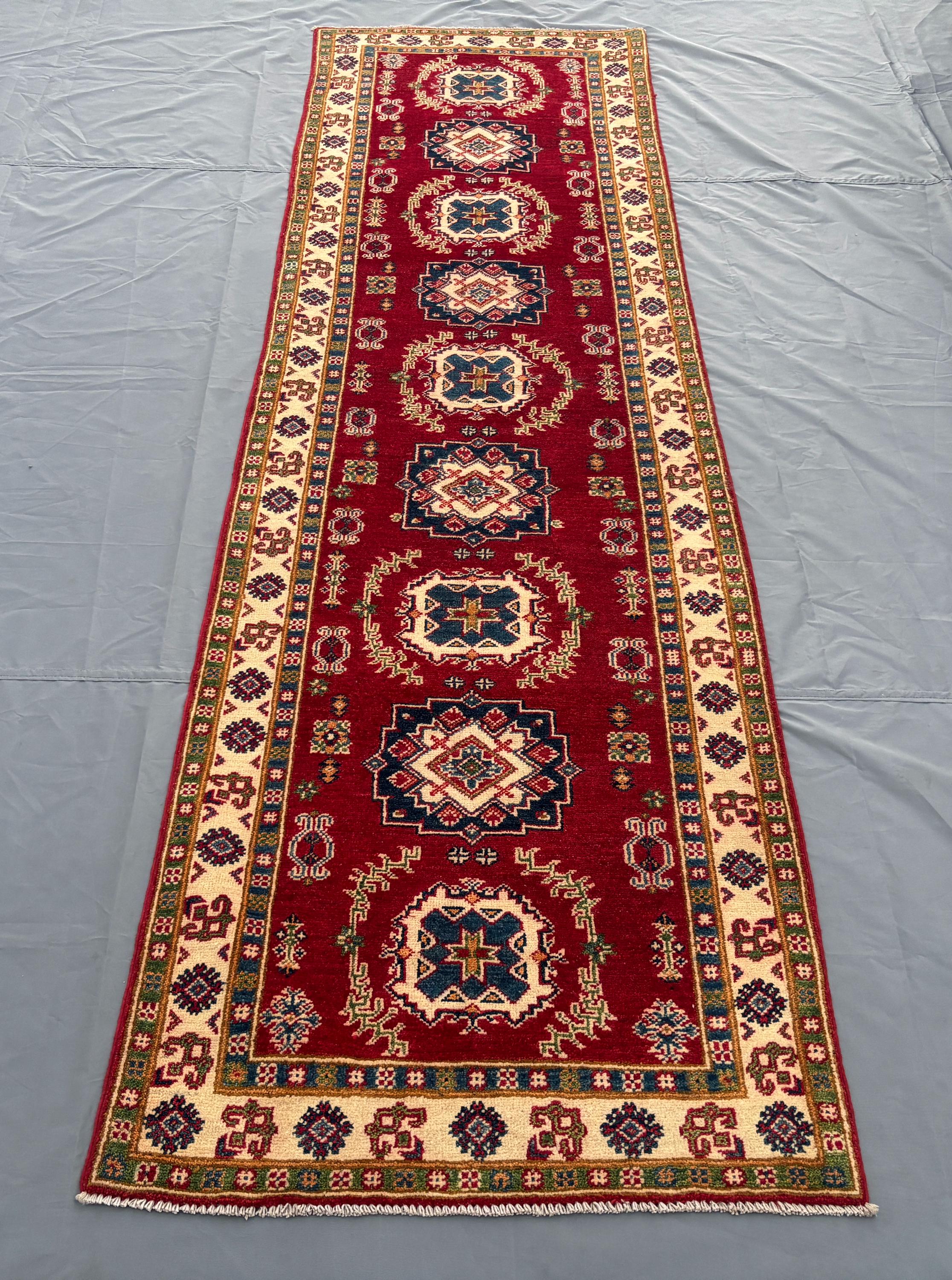 3 × 10 Afghan Hand-Knotted Modern Soft Wool Runner One-of-a-Kind Oushak Design Red Tribal Geometric Hallway De