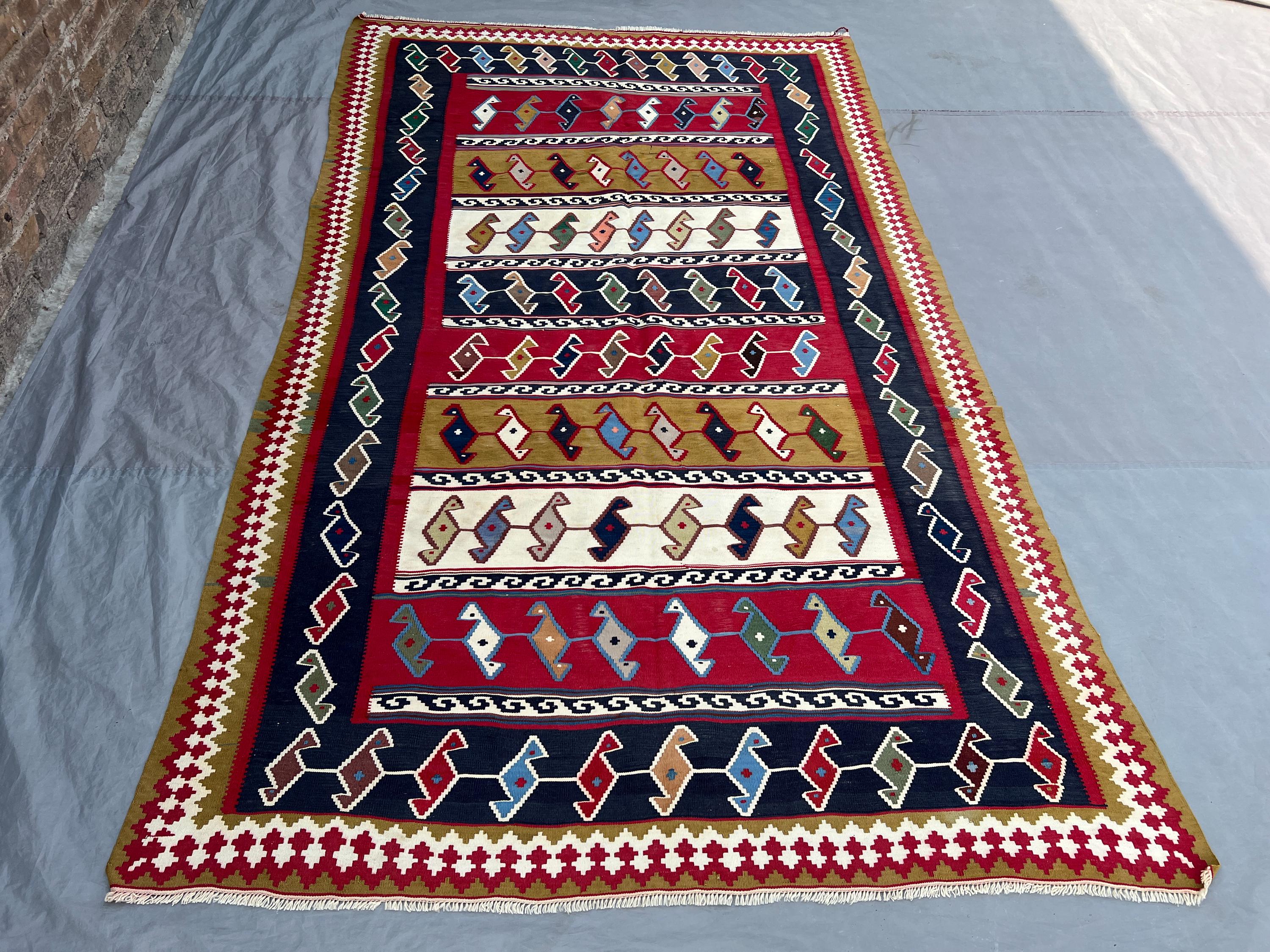 5'4x9 Ft Vintage Afghan Tribal Bird Animal Motif Kilim Rug, Handwoven Red Navy Gold Multicolor Wool Flatweave Living Dining Room Boho Decor