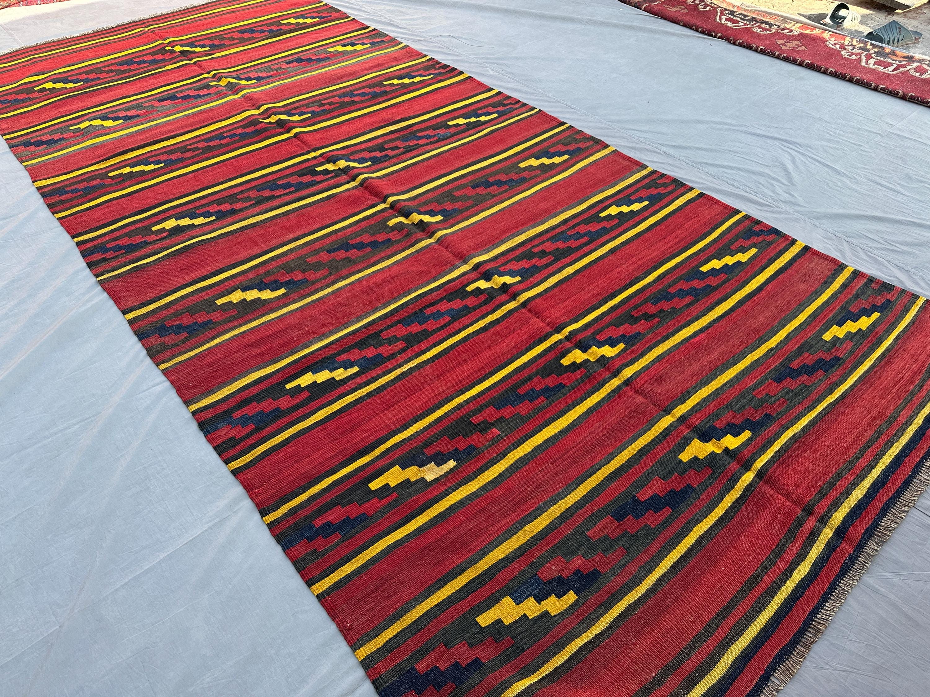 Antique Afghan Baluch Kilim Rug 5'4" x 12'0" | Handwoven Tribal Flat-Weave | Large Faded Turkmen Wool Area Rug | Vintage Bohemian Decor