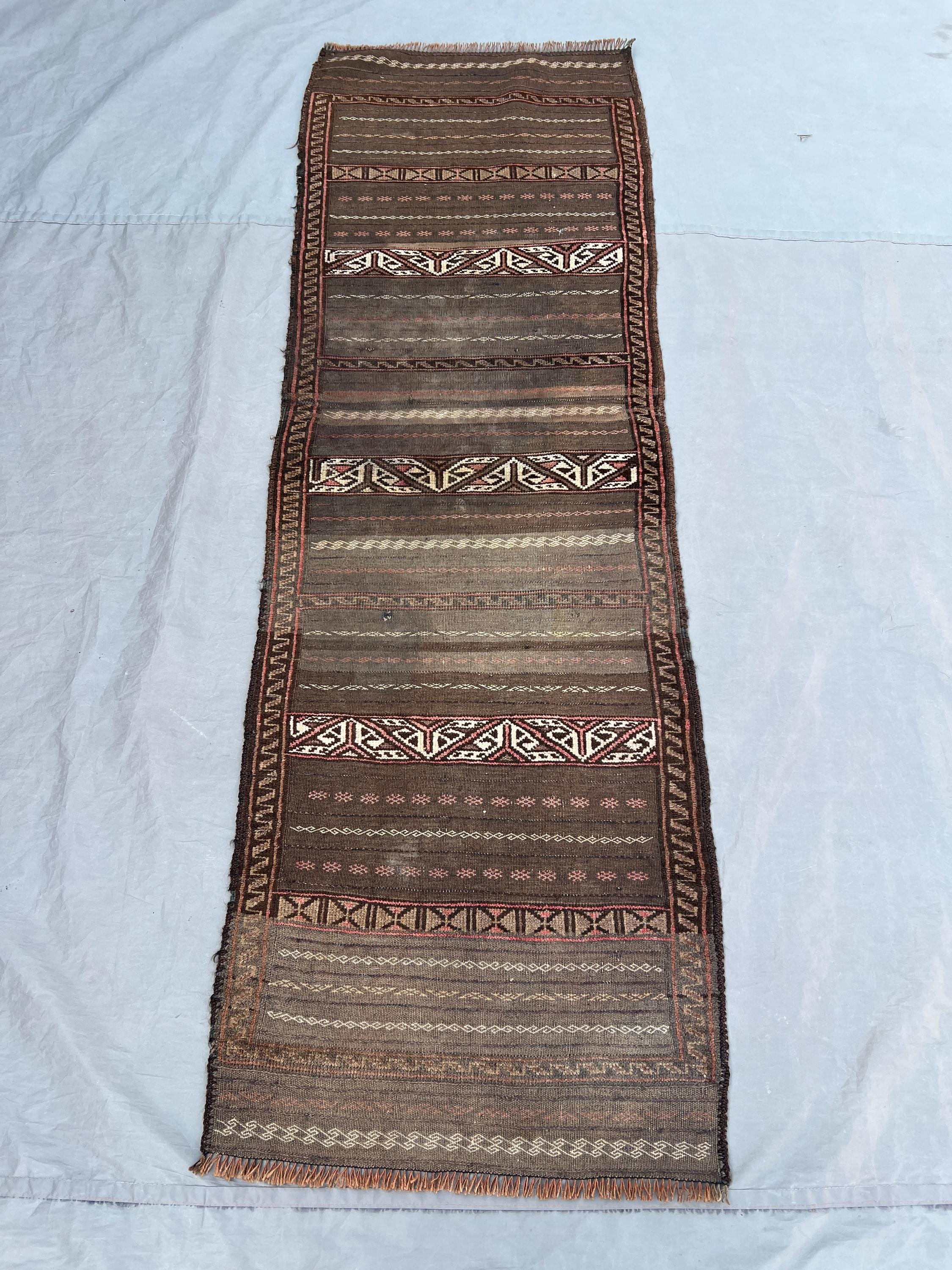 2'2x6 Ft Vintage Afghan Baluchi Mushwani Handwoven Flatweave Kilim Runner, Natural Brown Striped Geometric Wool | Hallway Boho Decor