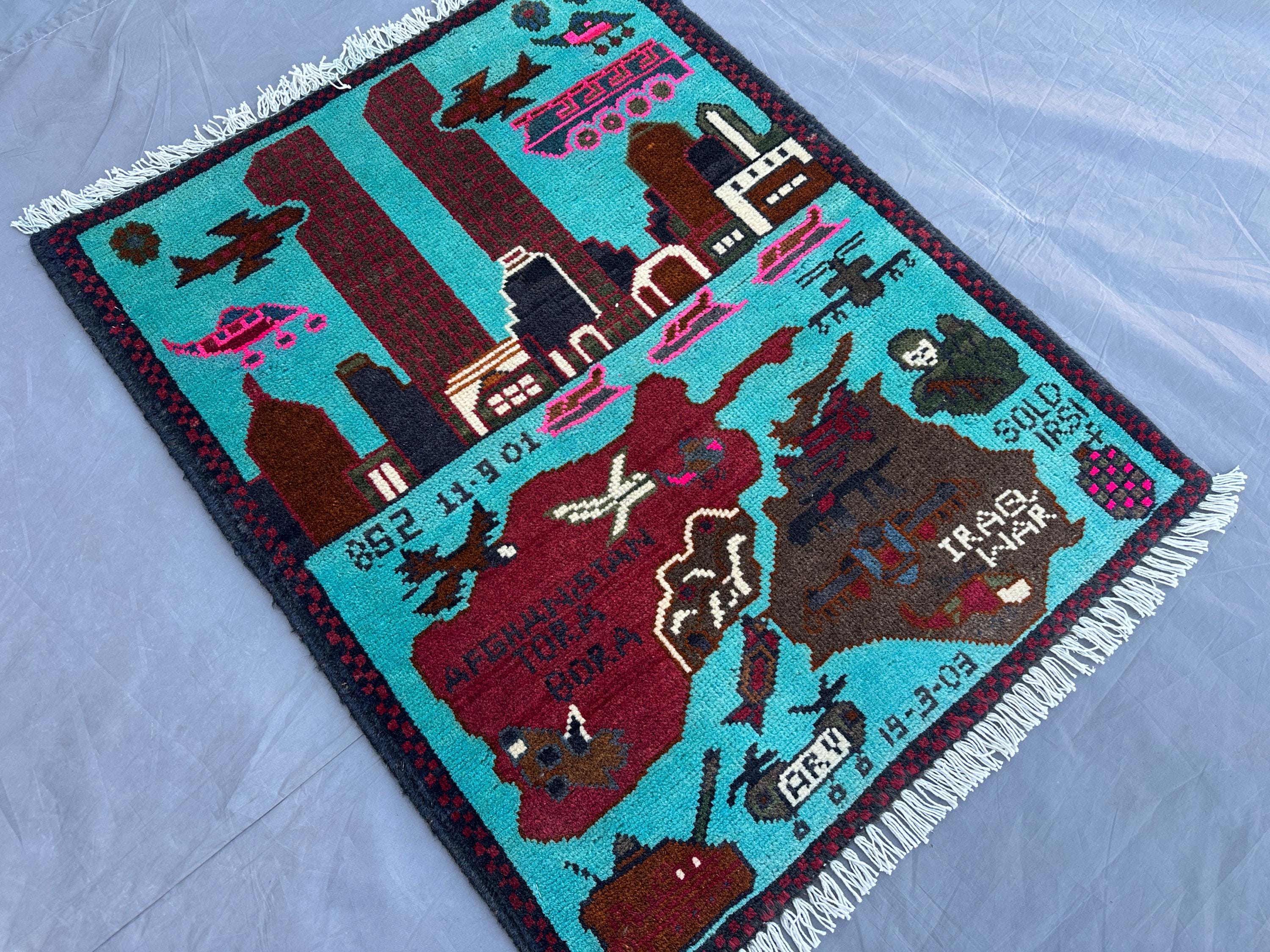 Afghan Handmade Tribal Rug 2'1x2'7 ft | Oushak War Rug | Unique Hand-Knotted Wool Rug and War Motif Design for