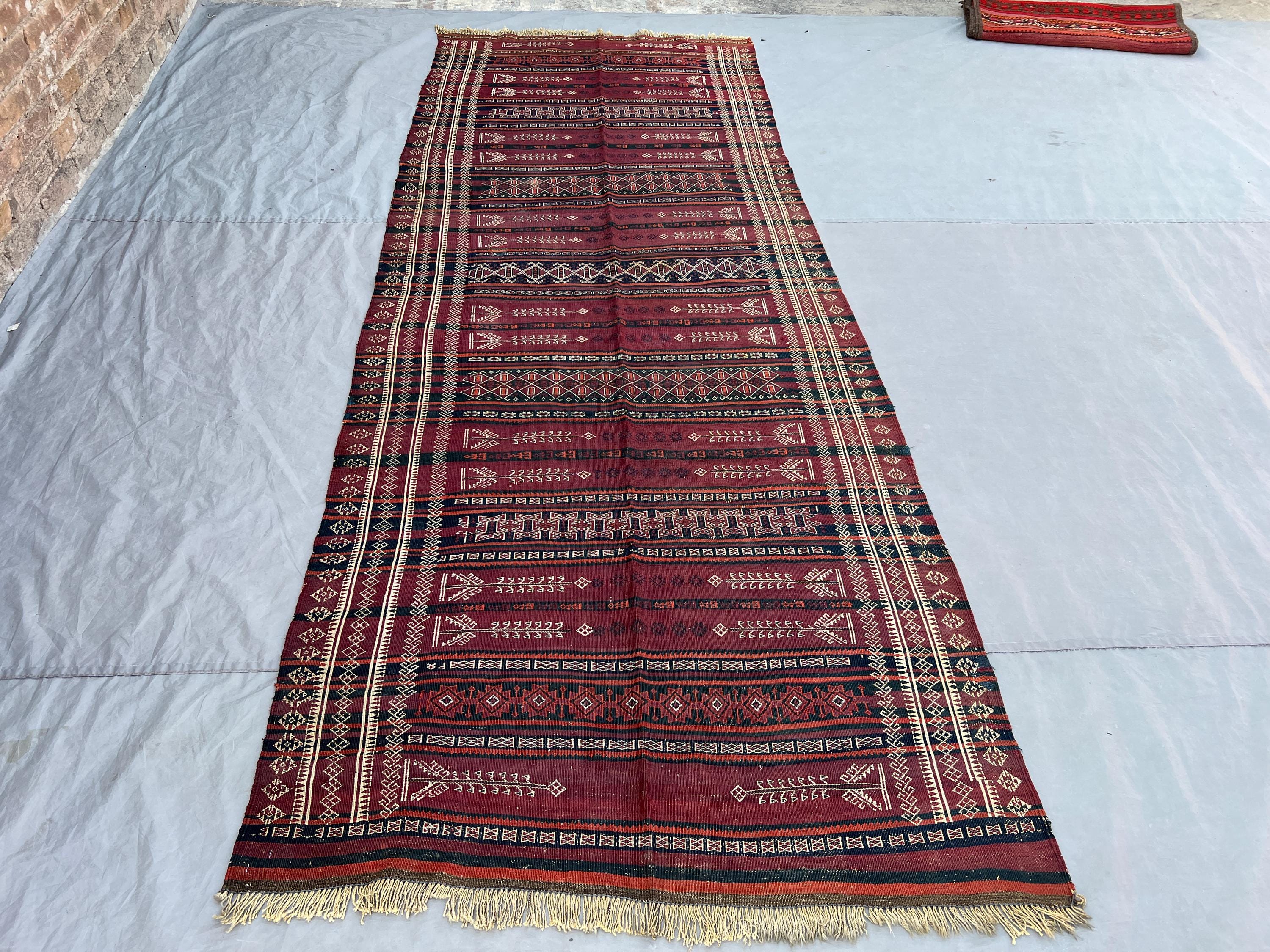 4'x10'4 Ft Vintage Afghan Kilim Rug Deep Red Tribal Stripe Arrow Geometric Flatweave Handwoven Wool Area Rug | Living Room Hallway