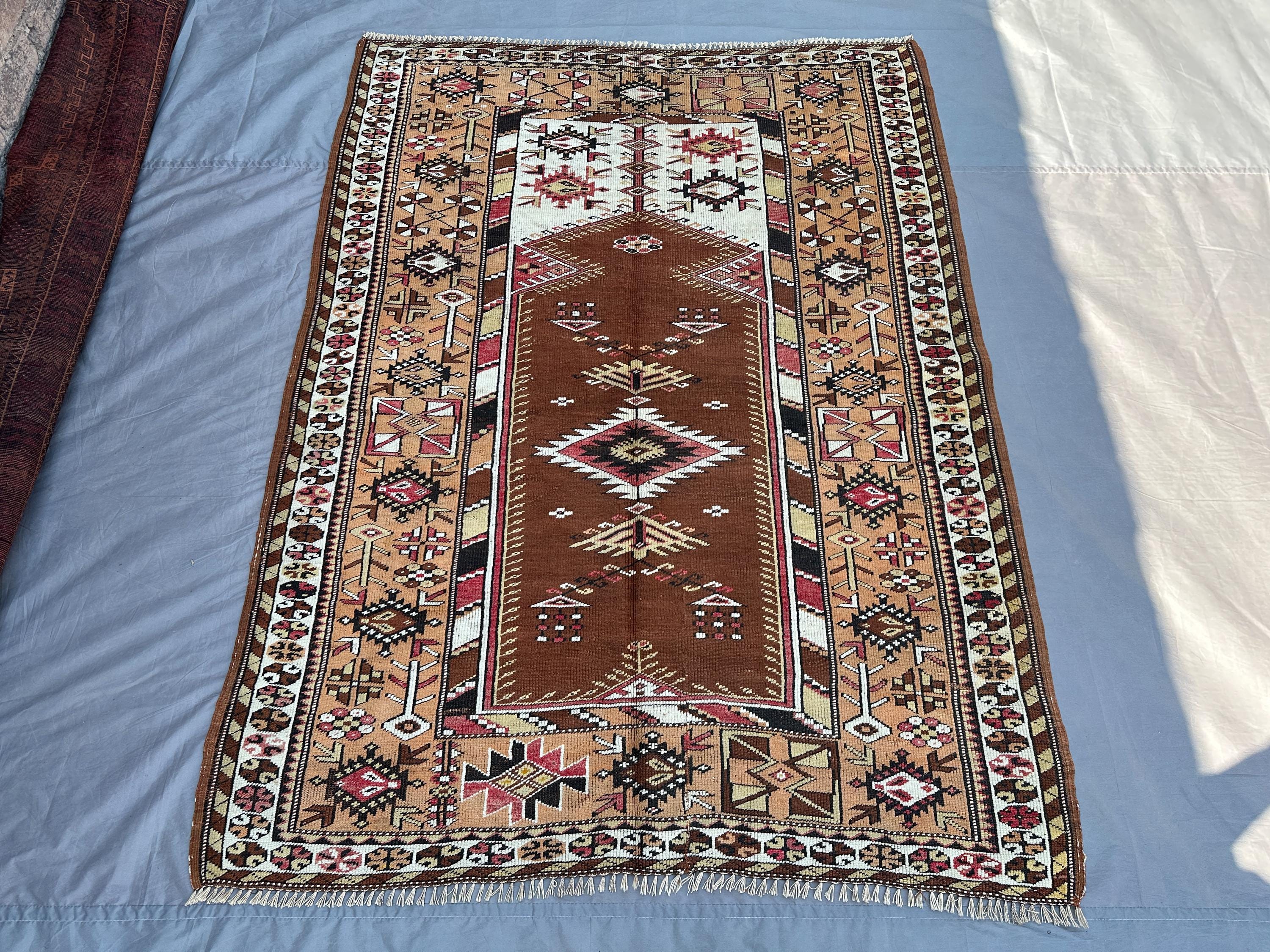 Antique Afghan Rug 4'3"x5'10" ft | Handmade Wool Tribal Turkmen Rug | Vintage Geometric Area Rug for Living Room or Bedroom Rug, Home Decor