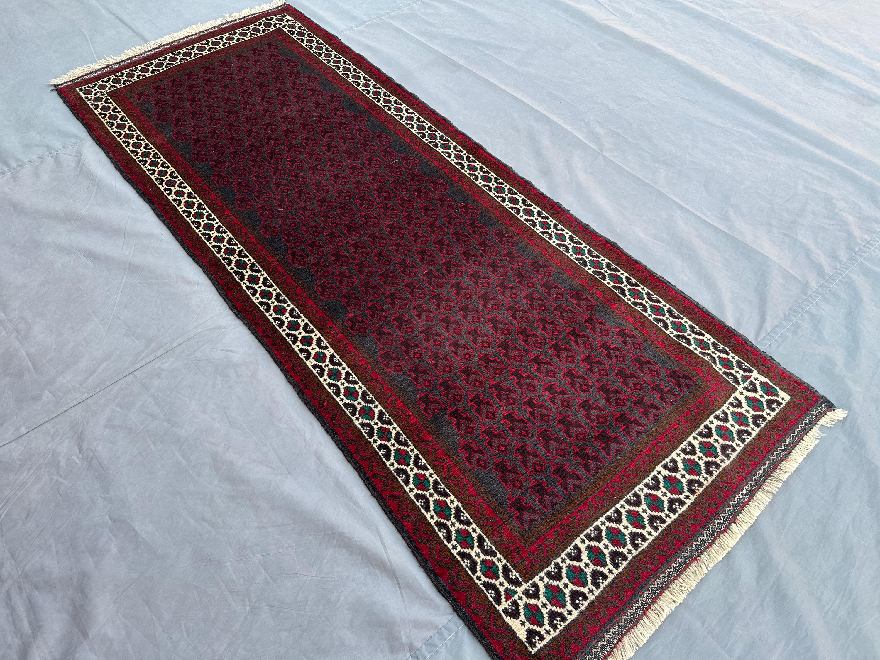 Vintage Afghan Baluch Runner Rug 3x6 ft Geometric Tribal Wool badam Gul Design | Handmade Hallway Carpet, Gorgeous Afghan Rug Turkmen Runner