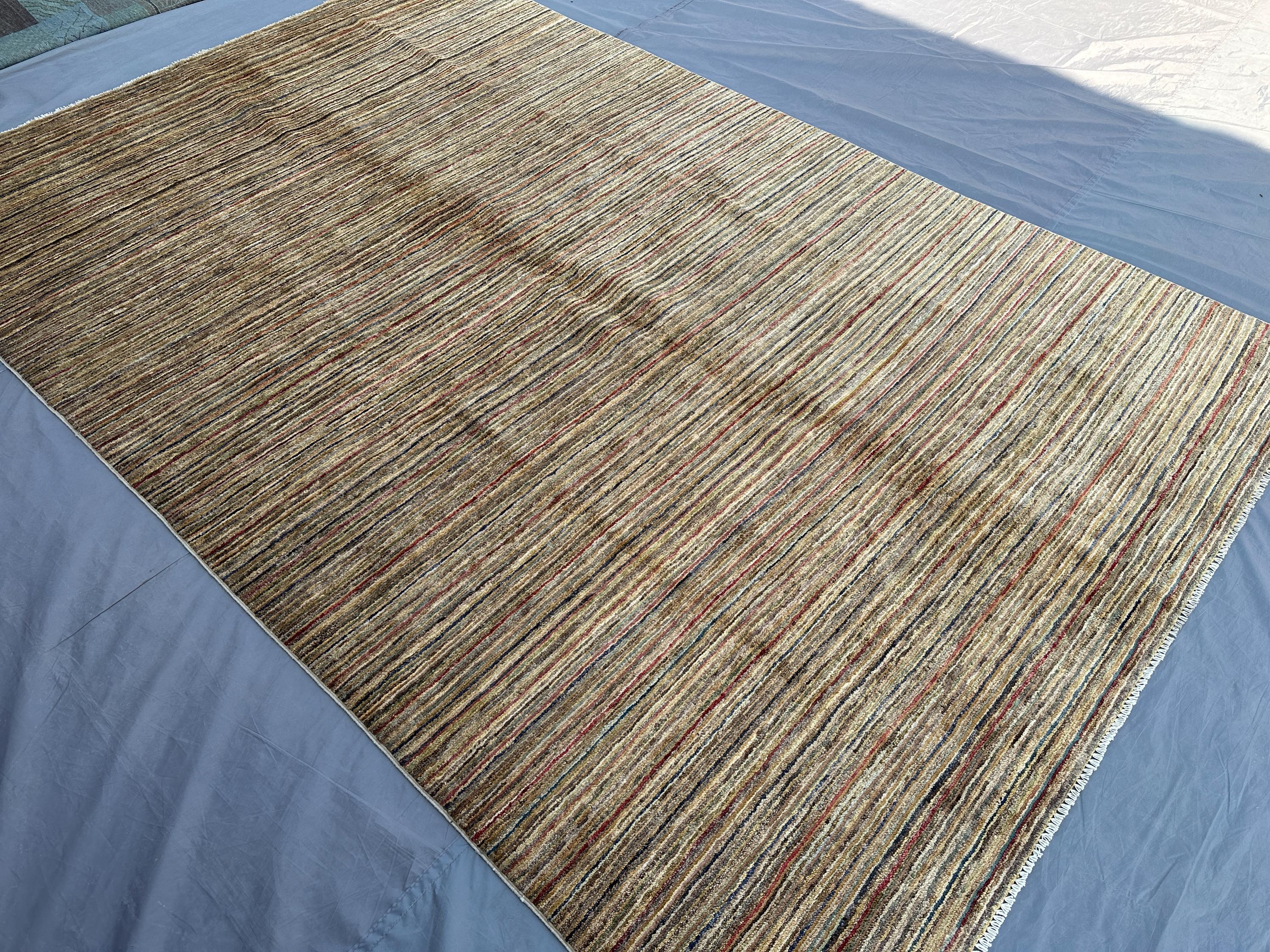 6'4x9'8 ft, Afghan Hand Knotted Gabbah Rug, Berber Modern Wool Area Rug, Striped Minimalist Design Beige Brown Multicolor Carpet Living Room