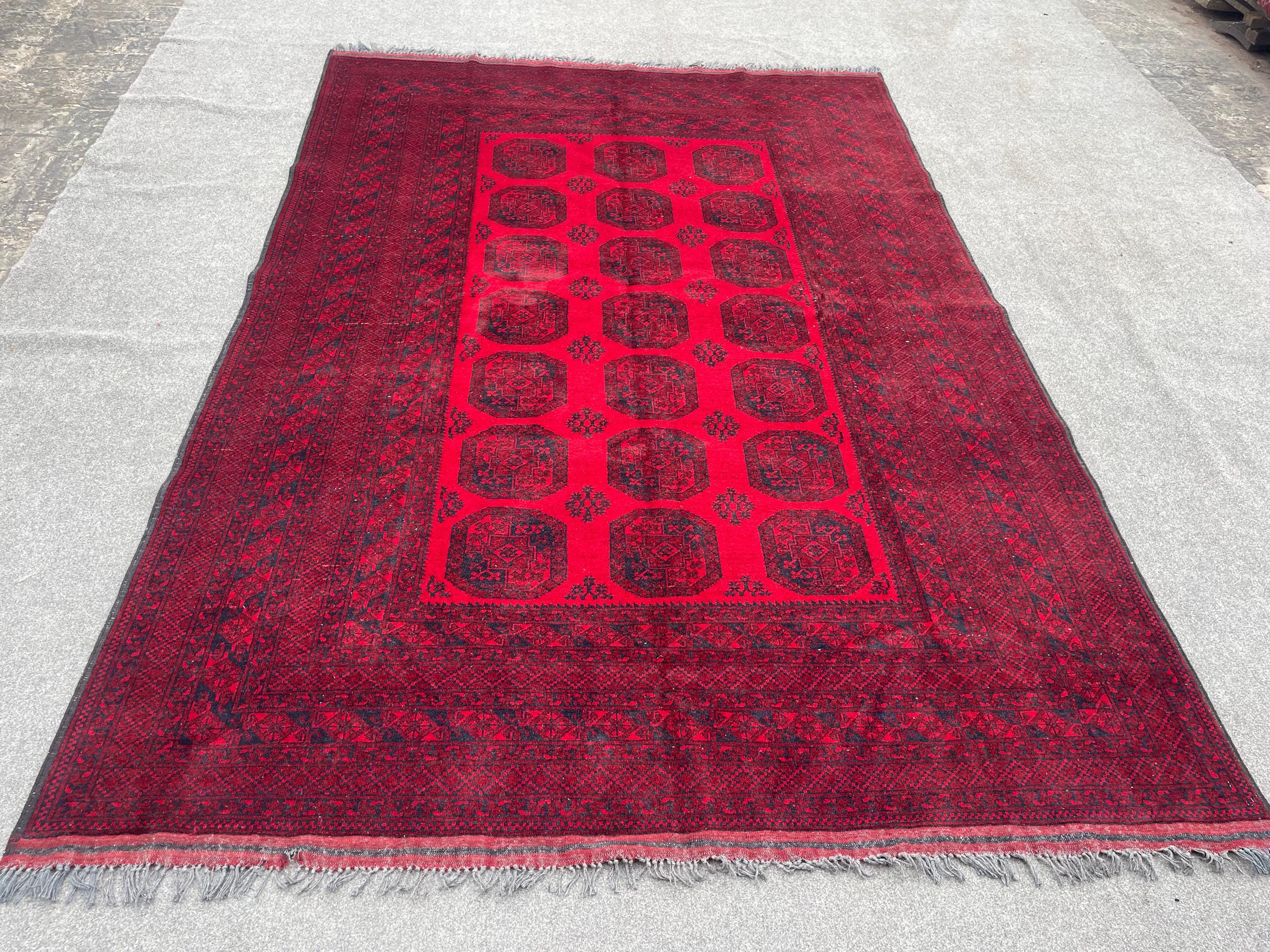 Vintage Afghan Bukhara Rug | 6'6 x 9'6 ft | Hand-Knotted Wool Carpet | Traditional Geometric Pilpa Design | Living Room or Bedroom Area Rug