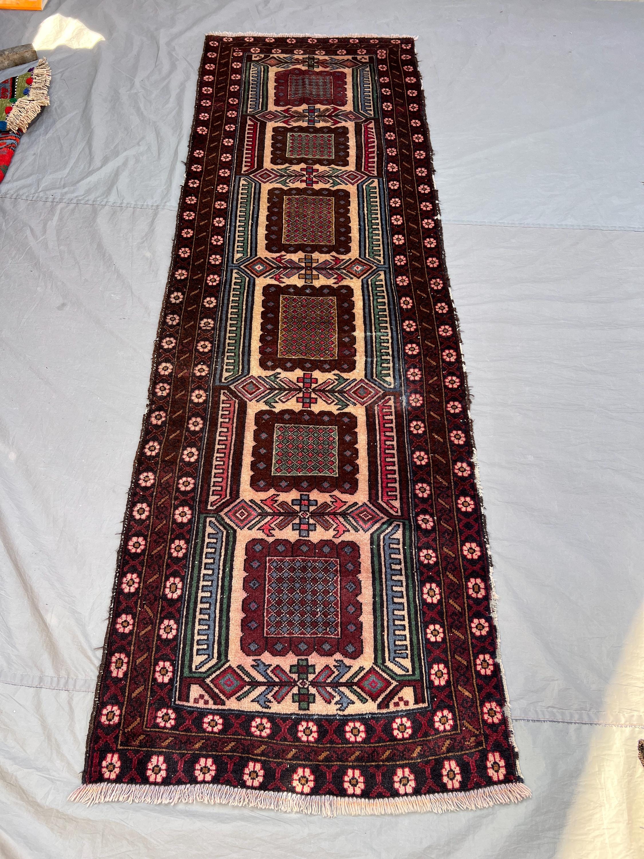 2'9x8'10 ft Vintage Afghan Pile Runner Rug | Handknotted Tribal Five Square Medallion | Warm Camel & Dark Burgundy Wool | Hallway Entryway
