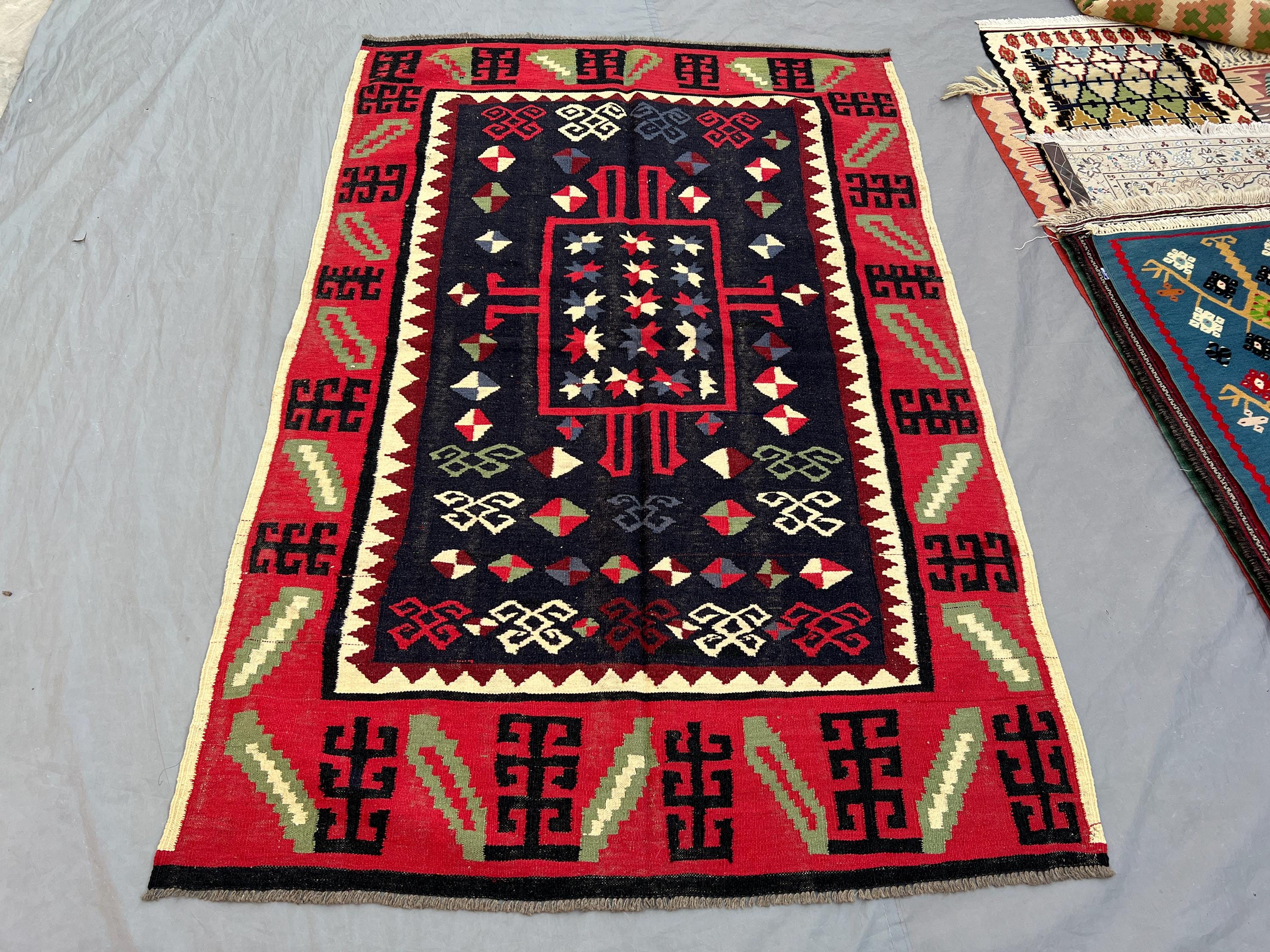 Afghan Vintage Kilim 4 x 6 ft Hand Woven Wool Flat Weave Maimana Tribal Geometric One of a Kind Boho Area Rug