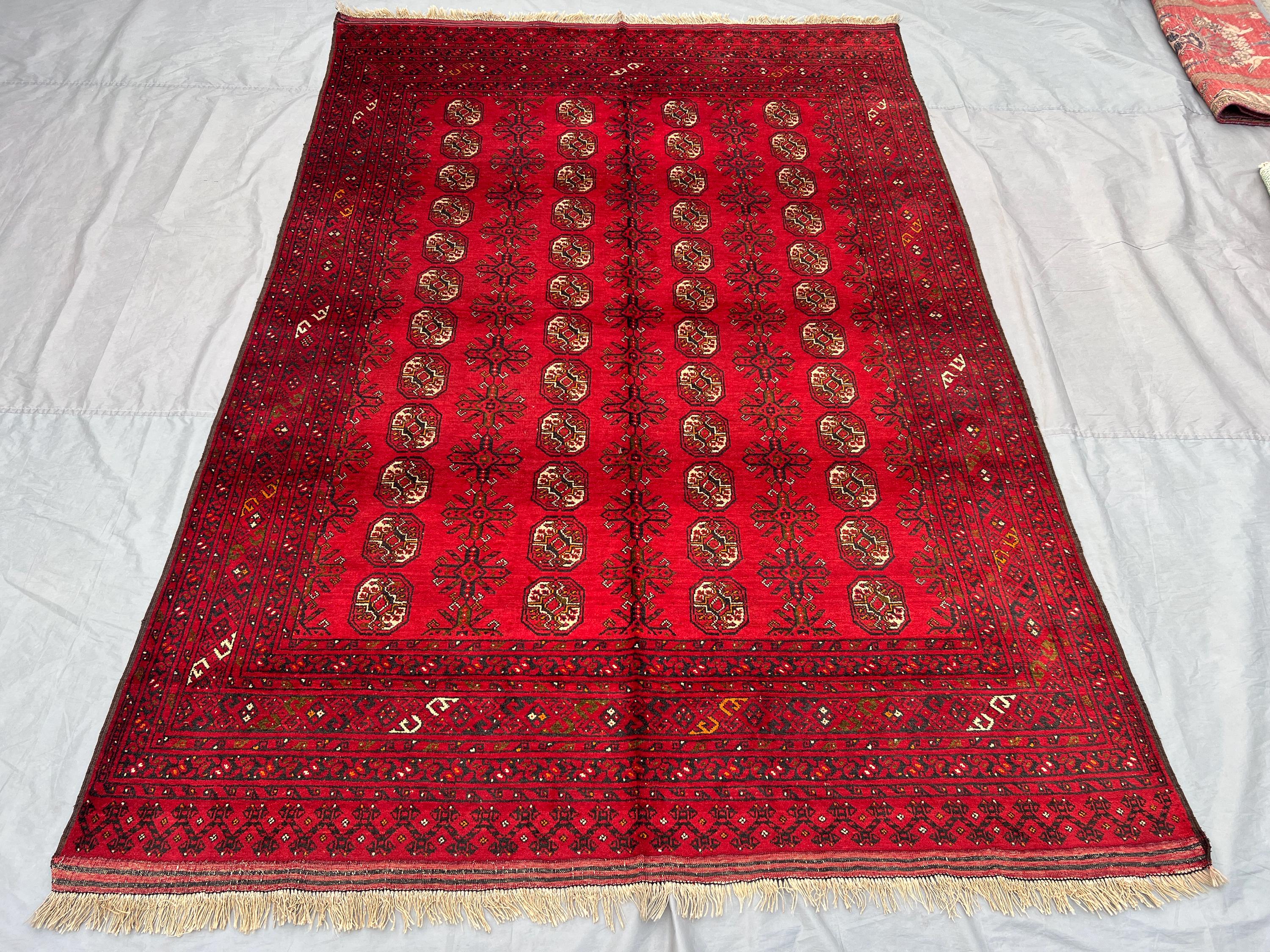 7x10 Antique 1940s Hand Knotted Turkmen Bukhara Rug | Geometric Pattern | One of a Kind Vintage Area Rug | Woo