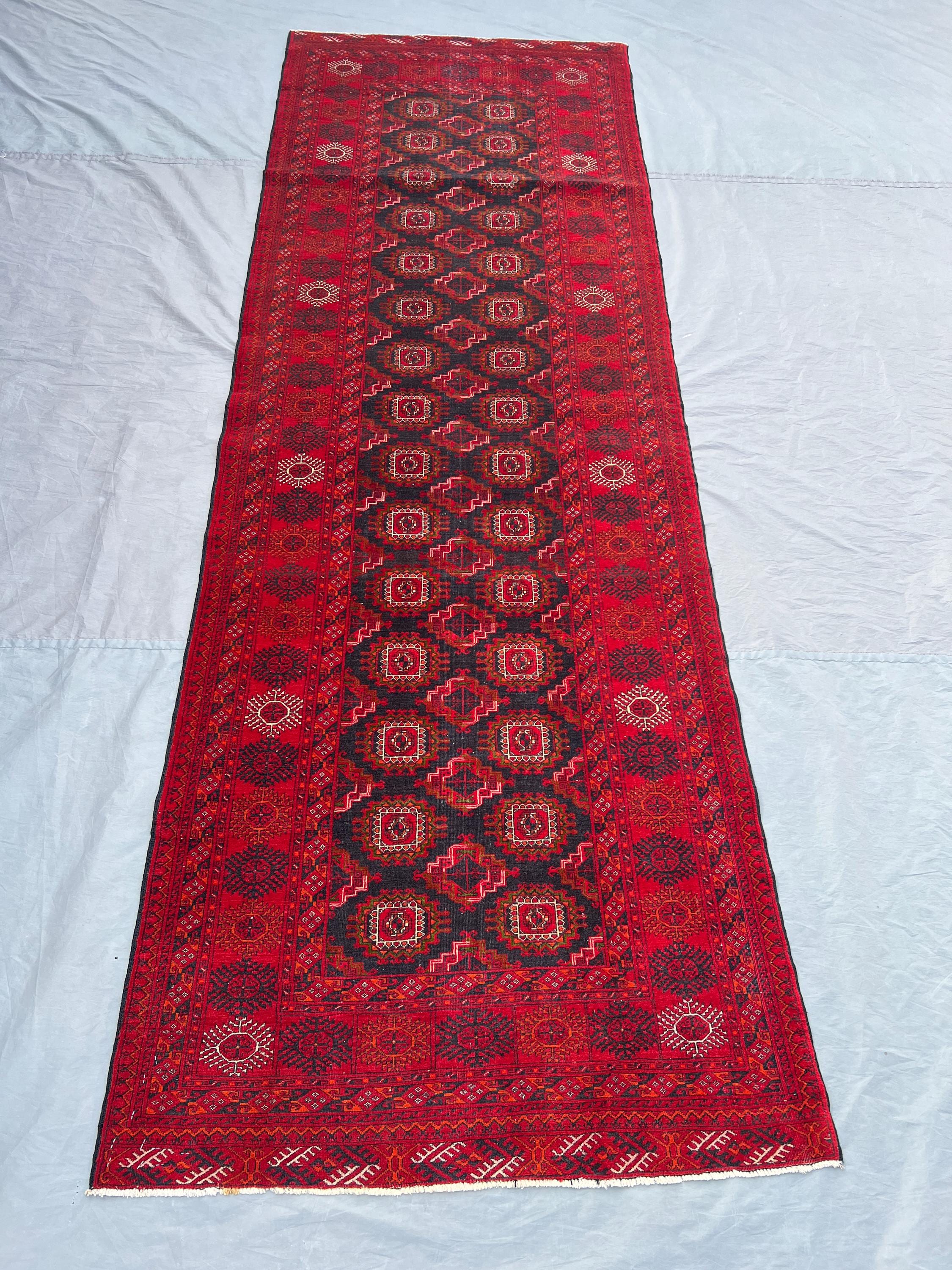 3'3 x 9'9 Vintage Turkmen Ersari Runner Rug | Hand Knotted Wool Carpet | Tribal Geometric Pattern | Red Bohemi