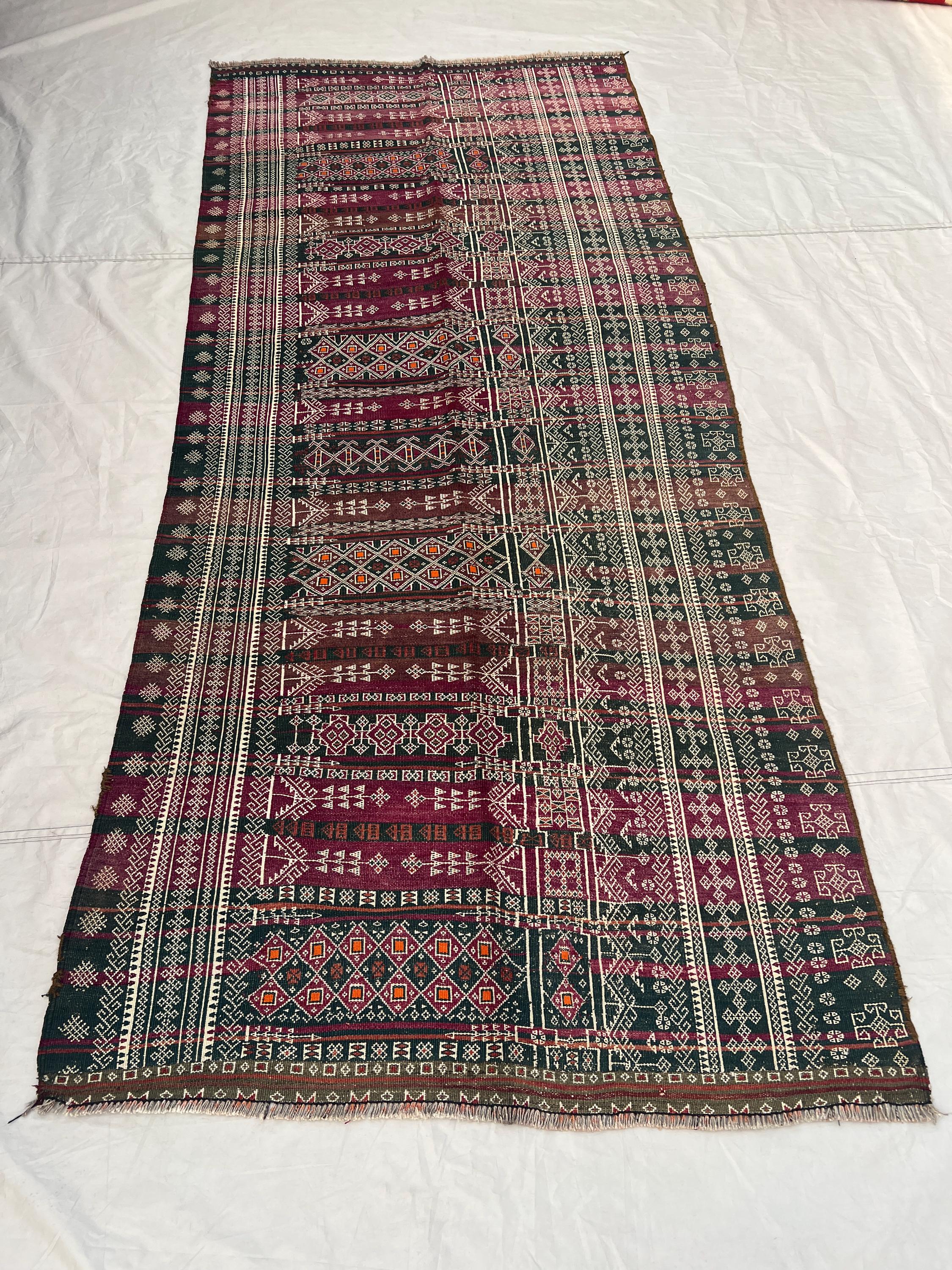 4x9'2 ft Vintage Afghan Tribal Kilim | Three Column Fine Geometric Banded Flat Weave | Deep Purple Green Orange | Boho Runner Kilim