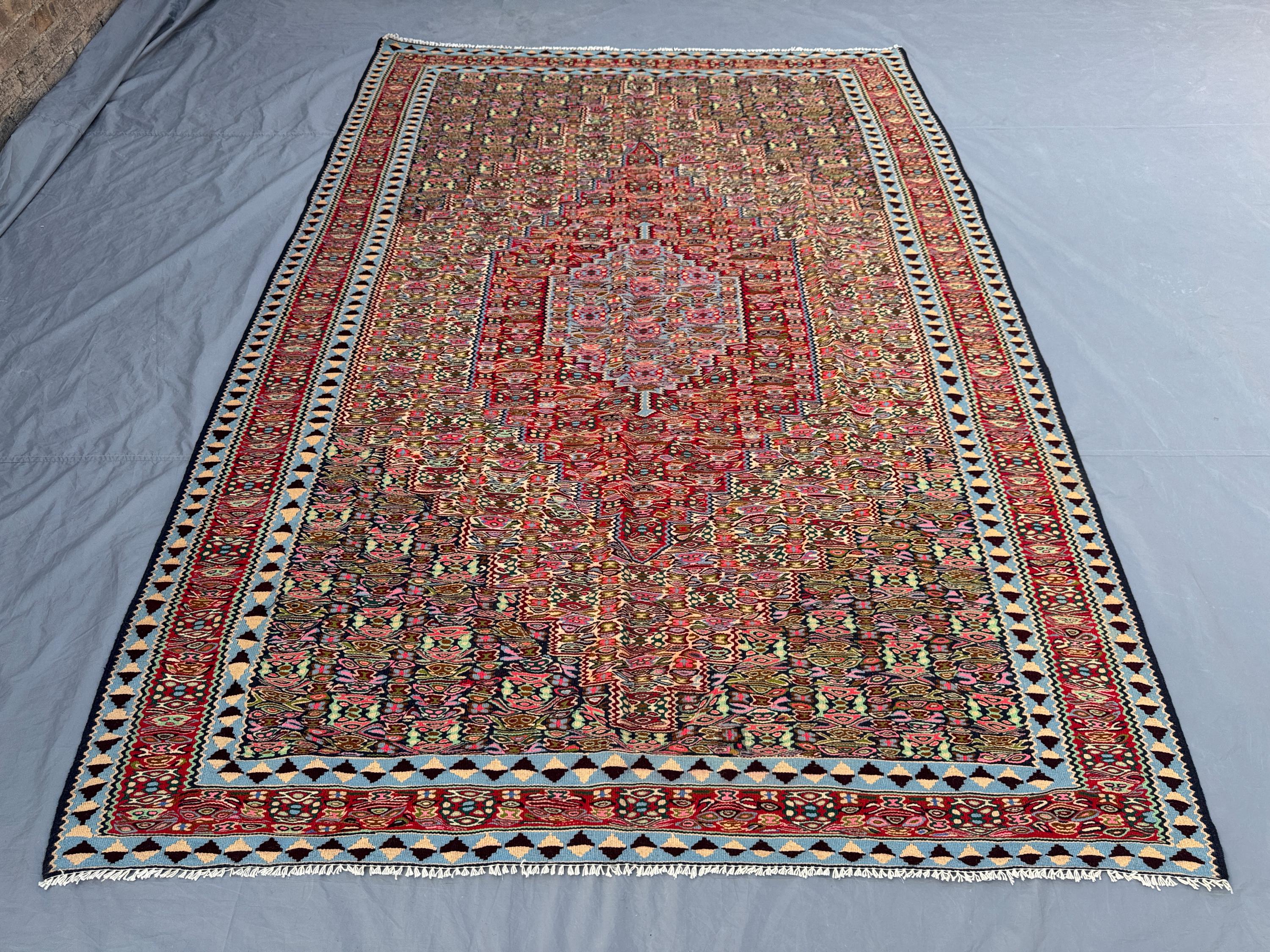Vintage Turkish Kilim – Handwoven Flat Weave Wool Carpet 7 x 10 ft One-of-a-Kind Caucasian Design Large Area Rug | Living room decor rug
