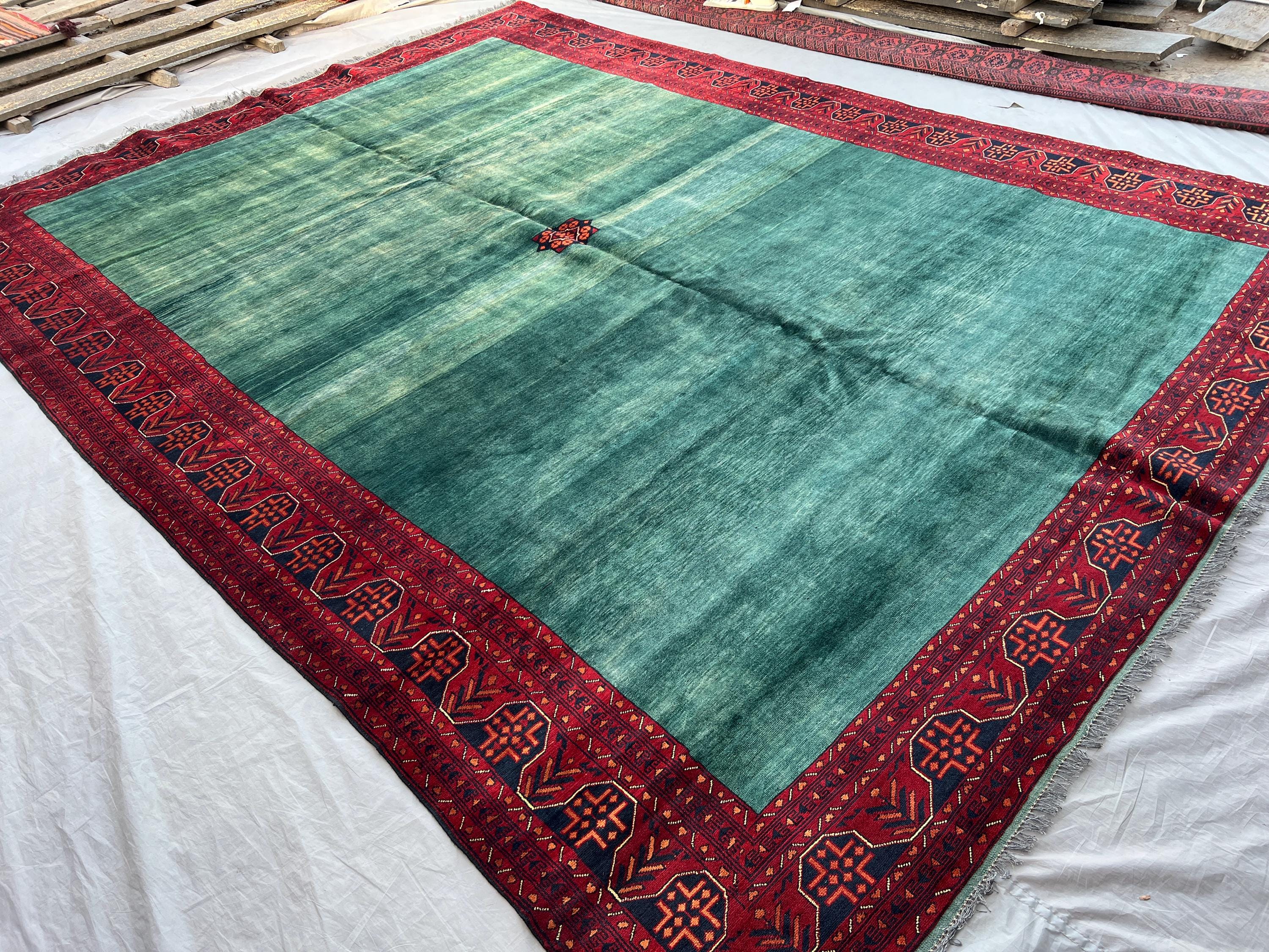 10x13 Modern Afghan Rug | Hand Knotted Wool Oversized Carpet | Tribal Geometric Rug | Oushak Style Green Red Rug for Living Room, Home Decor