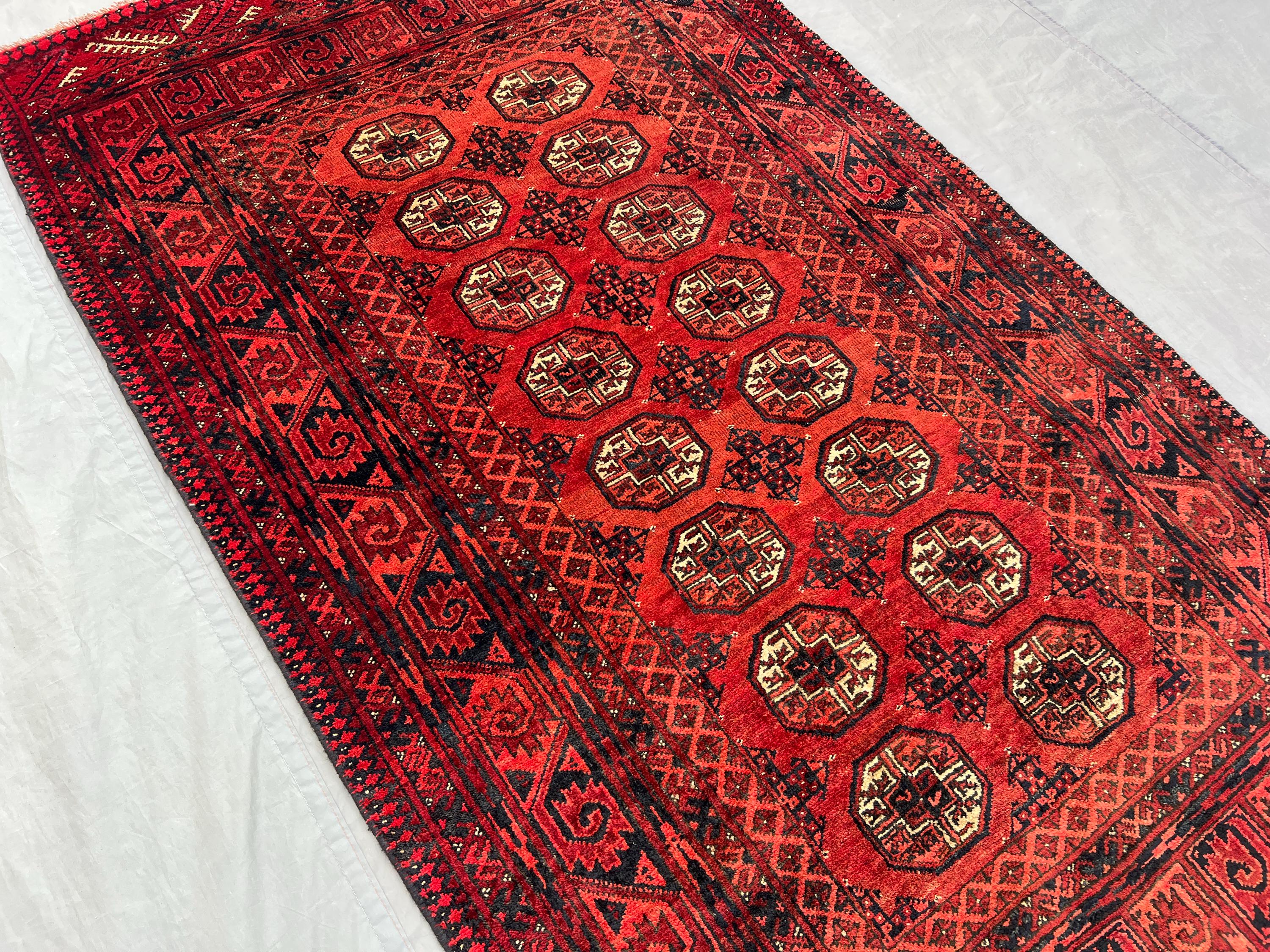 4x6 Vintage Afghan Turkmen Tekke Ersari Rug, Hand-Knotted Wool Carpet, Red Black Tribal Geometric Design, Rare Collectible Rug, Kitchen Rug