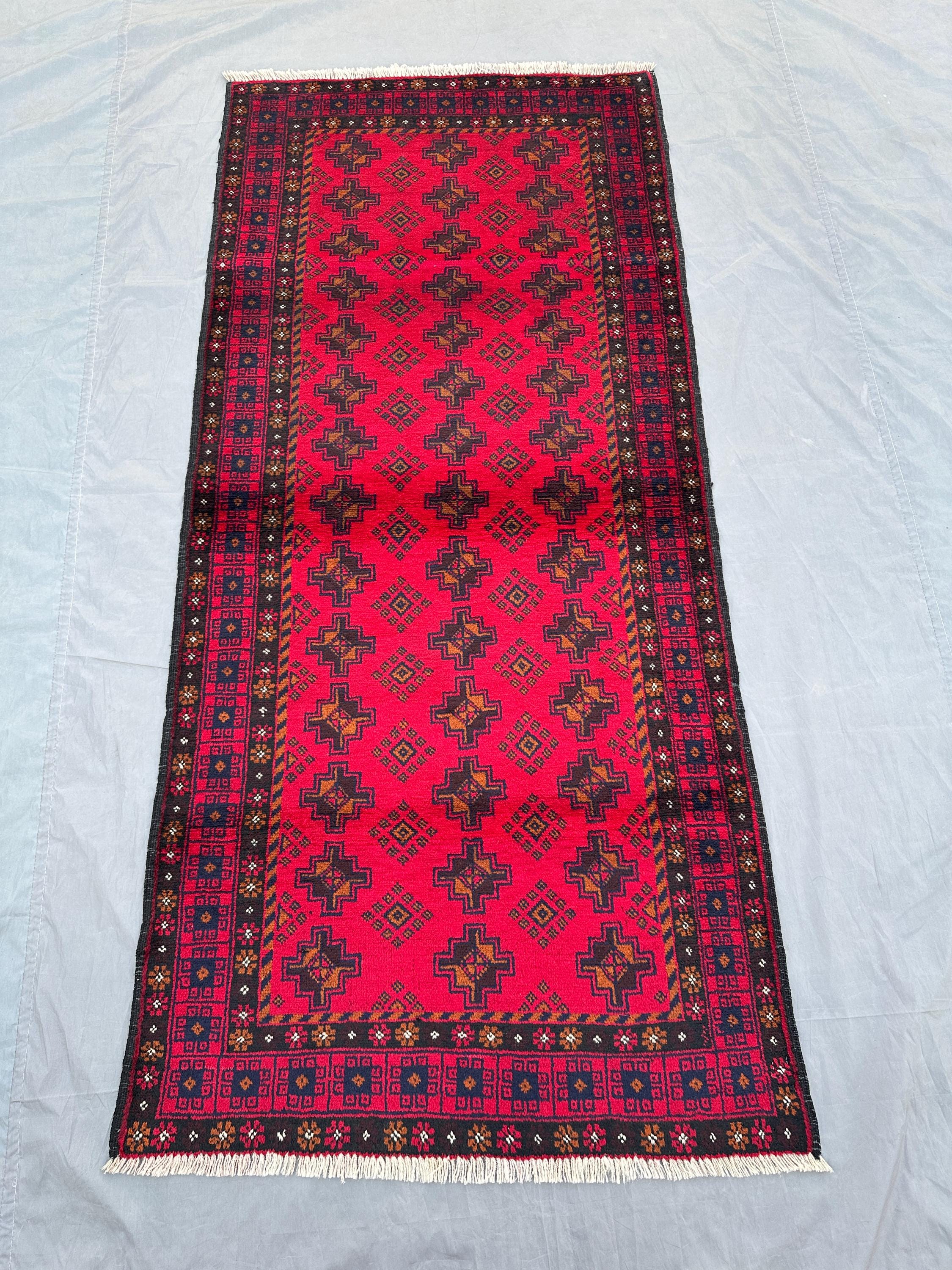 Vintage Afghan Baluch Runner Rug 3x7 Tribal Turkmen Mowri Design | Nomadic Fine Wool Carpet | Unique Hallway R