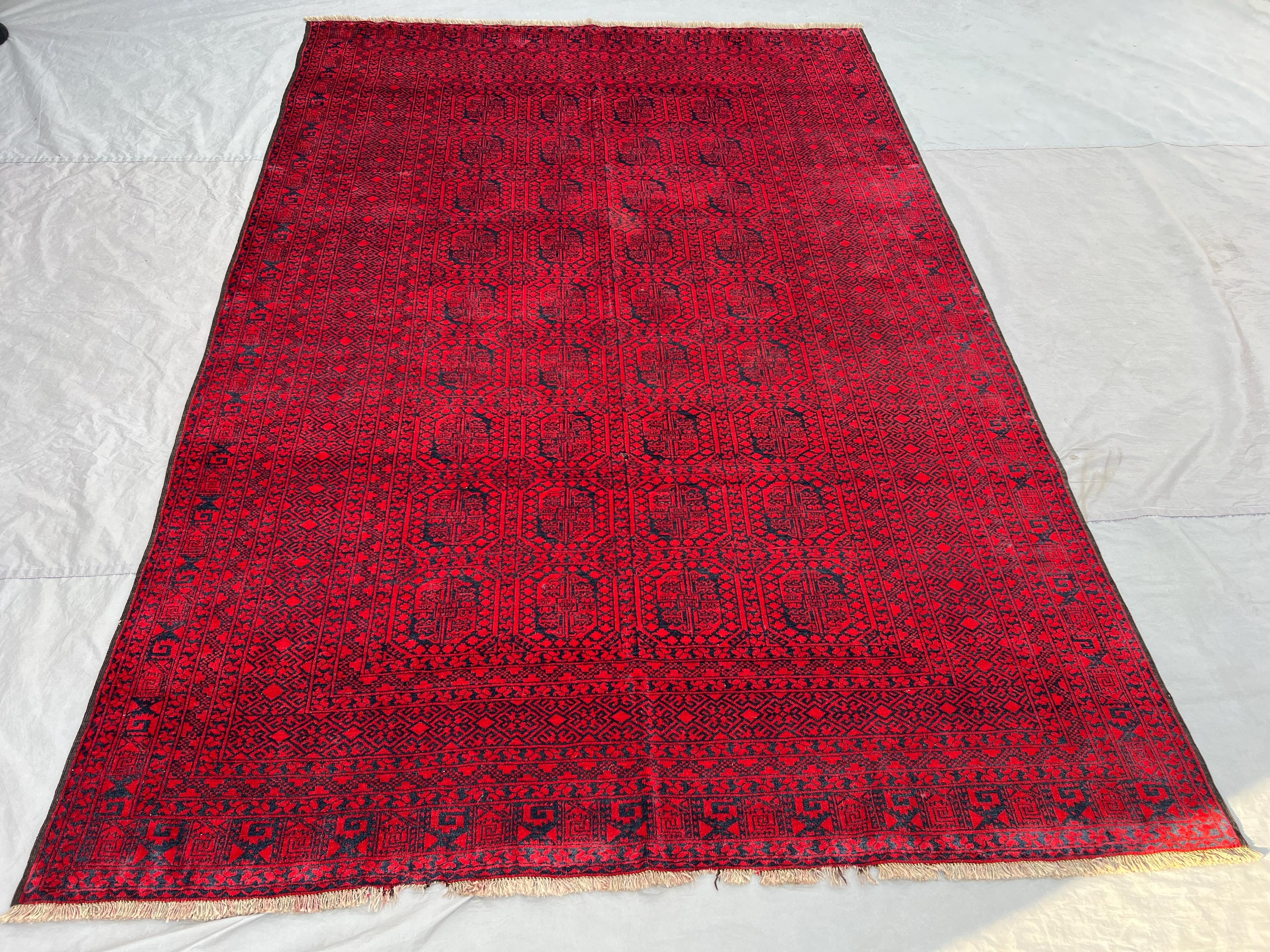 Vintage Afghan Bukhara Rug 7x10, Hand Knotted Red Wool Area Rug, Turkmen Tribal Geometric Carpet, Boho Nomadic