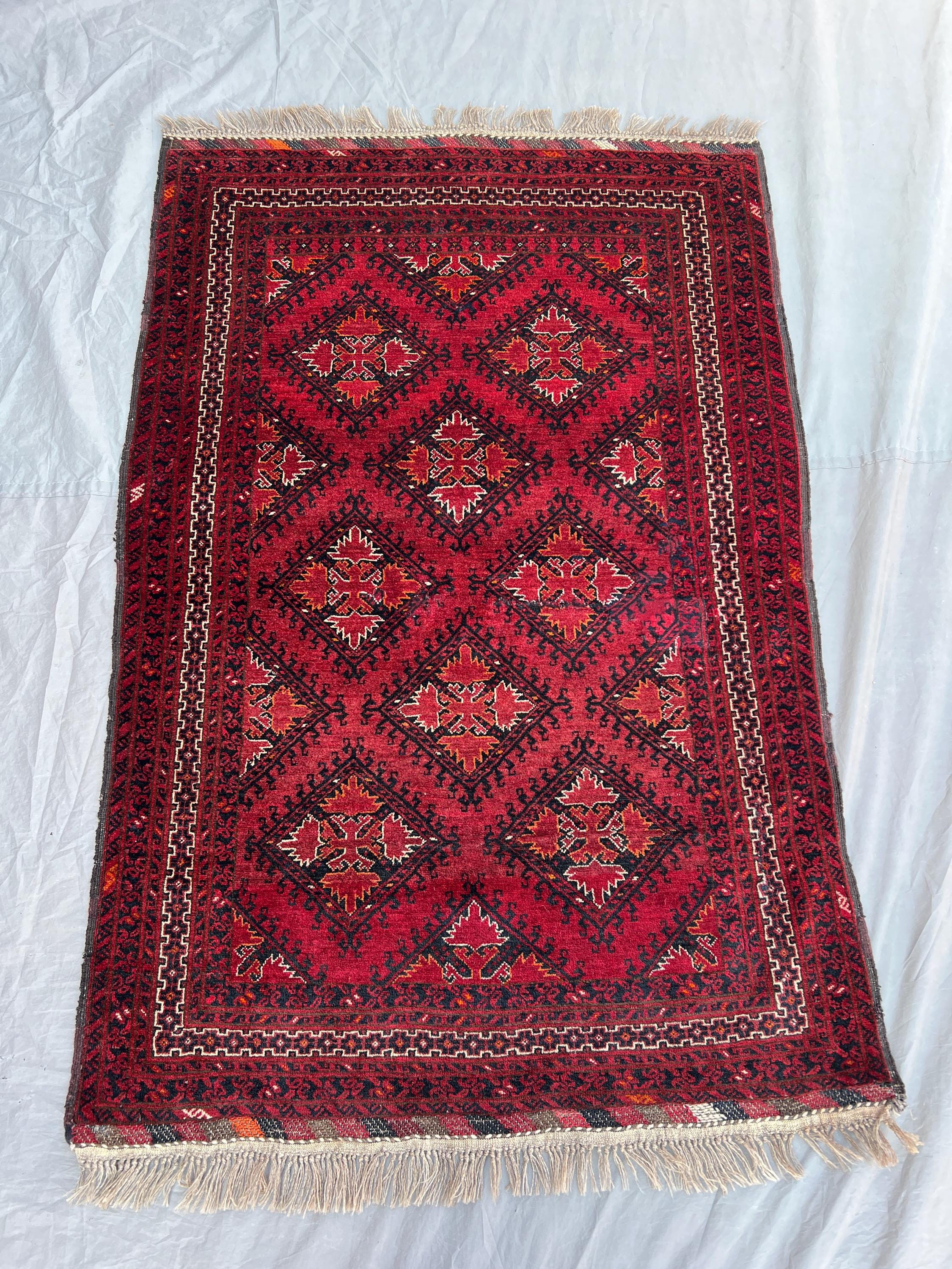 3'4x5 Ft Antique Afghan Baluchi Wool Pile Rug Hand-Knotted All-Over Diamond Lattice Star Deep Red Black Accent Rug | Bedroom Entryway