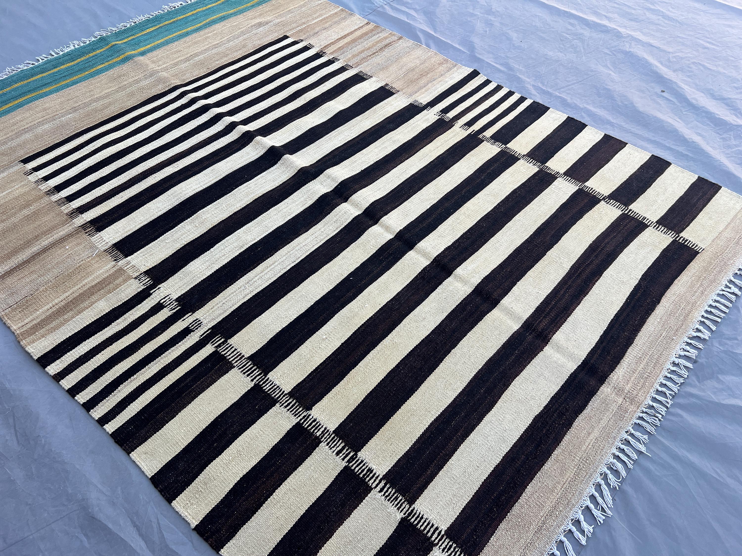 4'10x6'5 ft Afghan Handmade Kilim Rug | Black Beige Striped Flat Weave Wool Rug | Modern Minimalist Boho Area Carpet, Living room rug