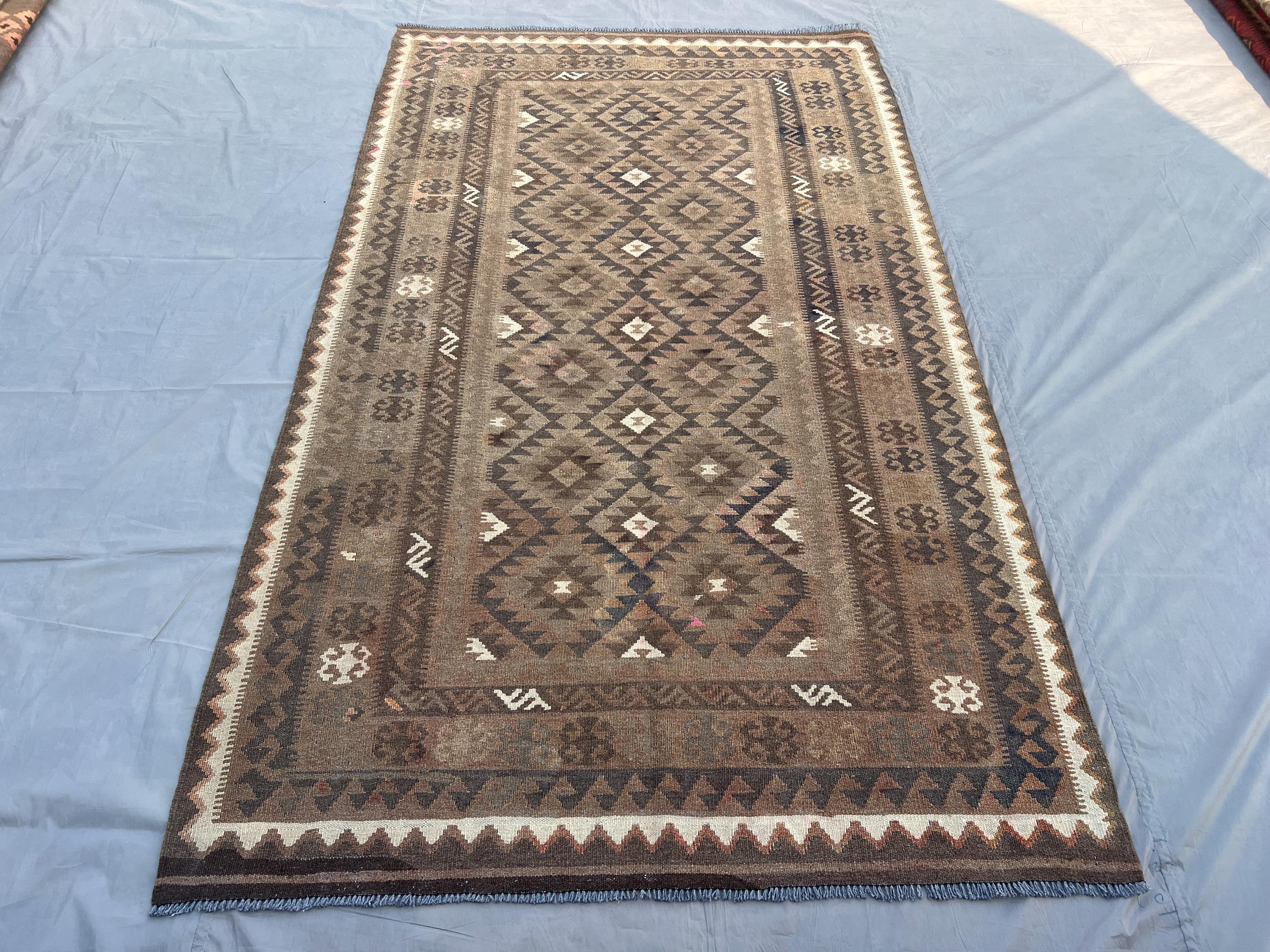 Antique Turkmen Flat-Weave Kilim Rug, 5x8 Turkish Style Kilim, Afghan Tribal Handmade Rug, Geometric Pattern, 