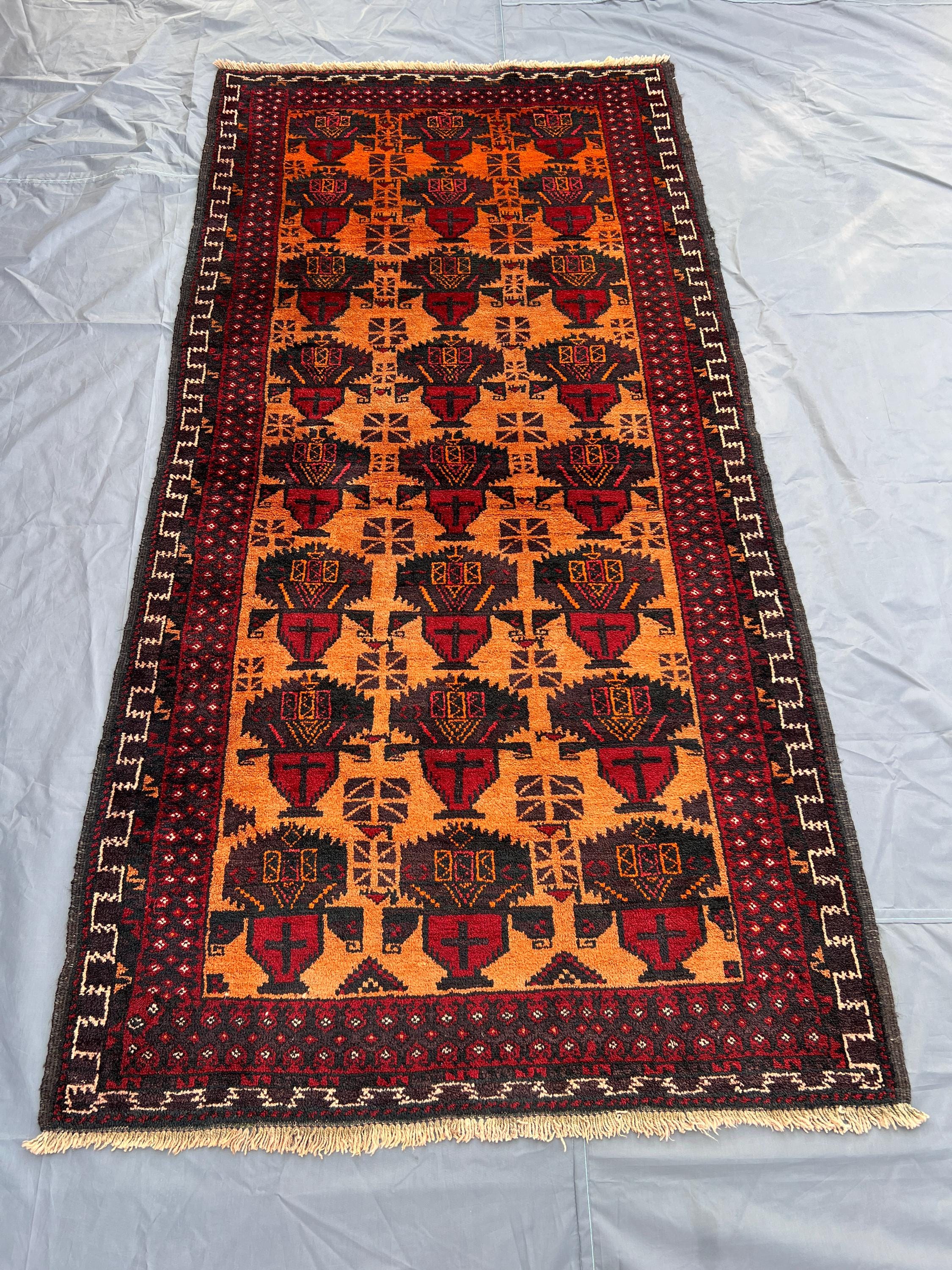 Afghan Tribal Rug 3'10x7'8 | Hand Knotted Wool Red Orange Runner | Tulip Motif Nomadic Decor | Vintage Boho Ac