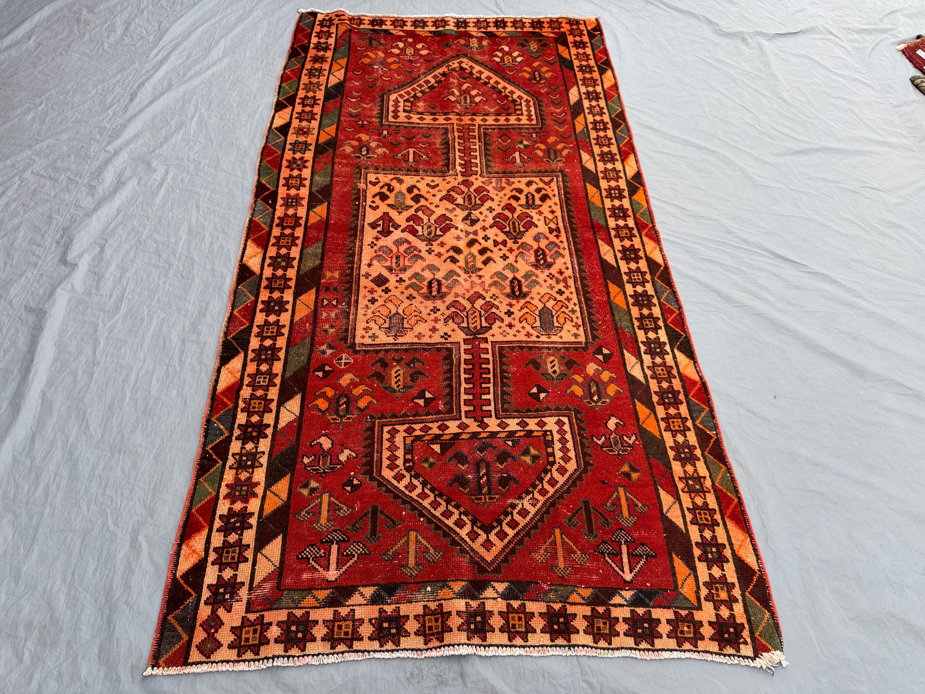 Turkish Inspired Caucasian Rug, 4'4x8'6 ft (132x259 cm), Hand-Knotted Wool, Vintage 1960s, Soft Red and Black,Medallion Design,One-of-a-Kind