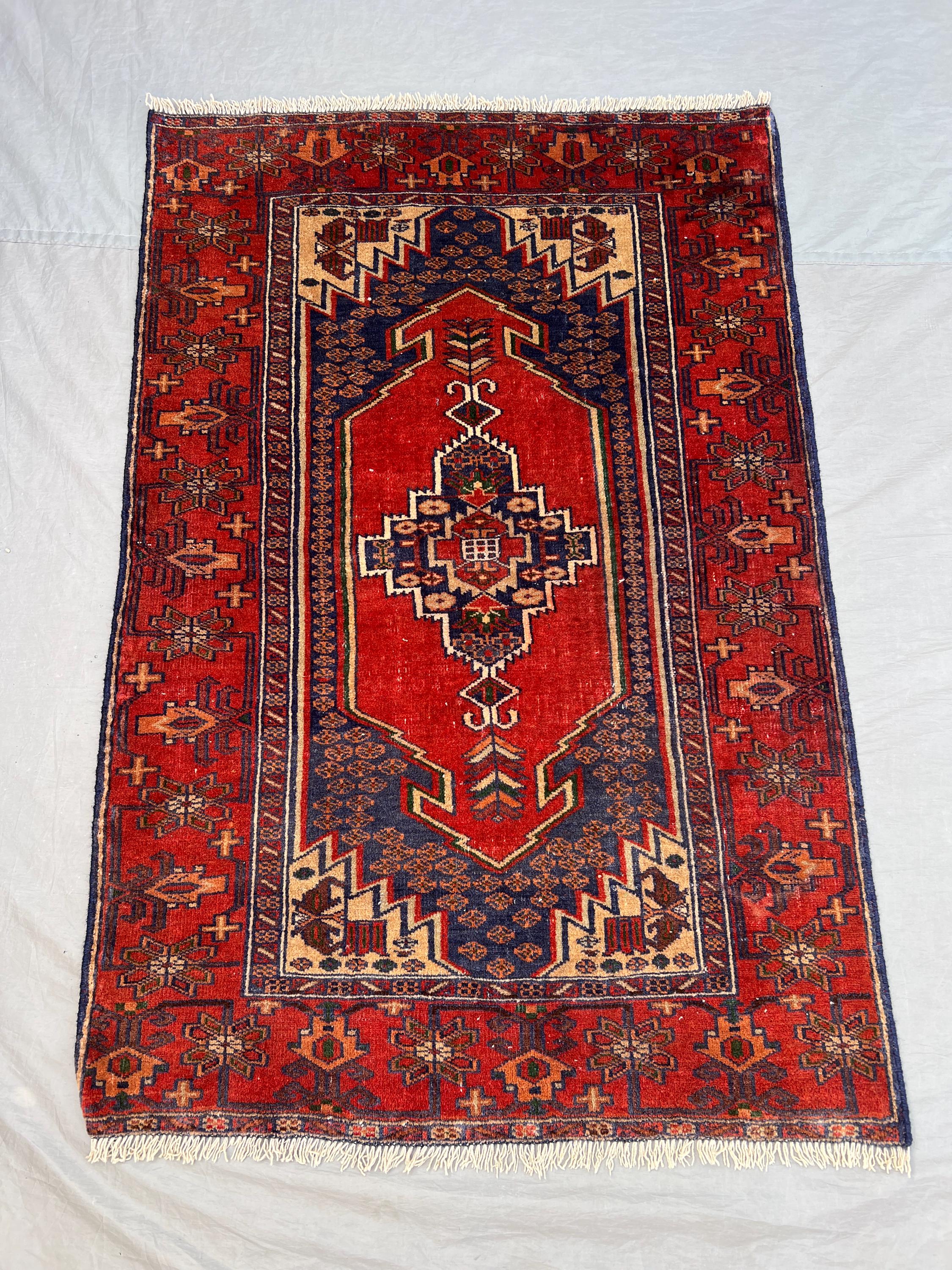 3x4'7 ft Vintage Afghan Pile Rug | Handknotted Tribal Central Medallion | Crimson Red & Navy Blue Wool | Accent Rug Bedroom Entryway Decor