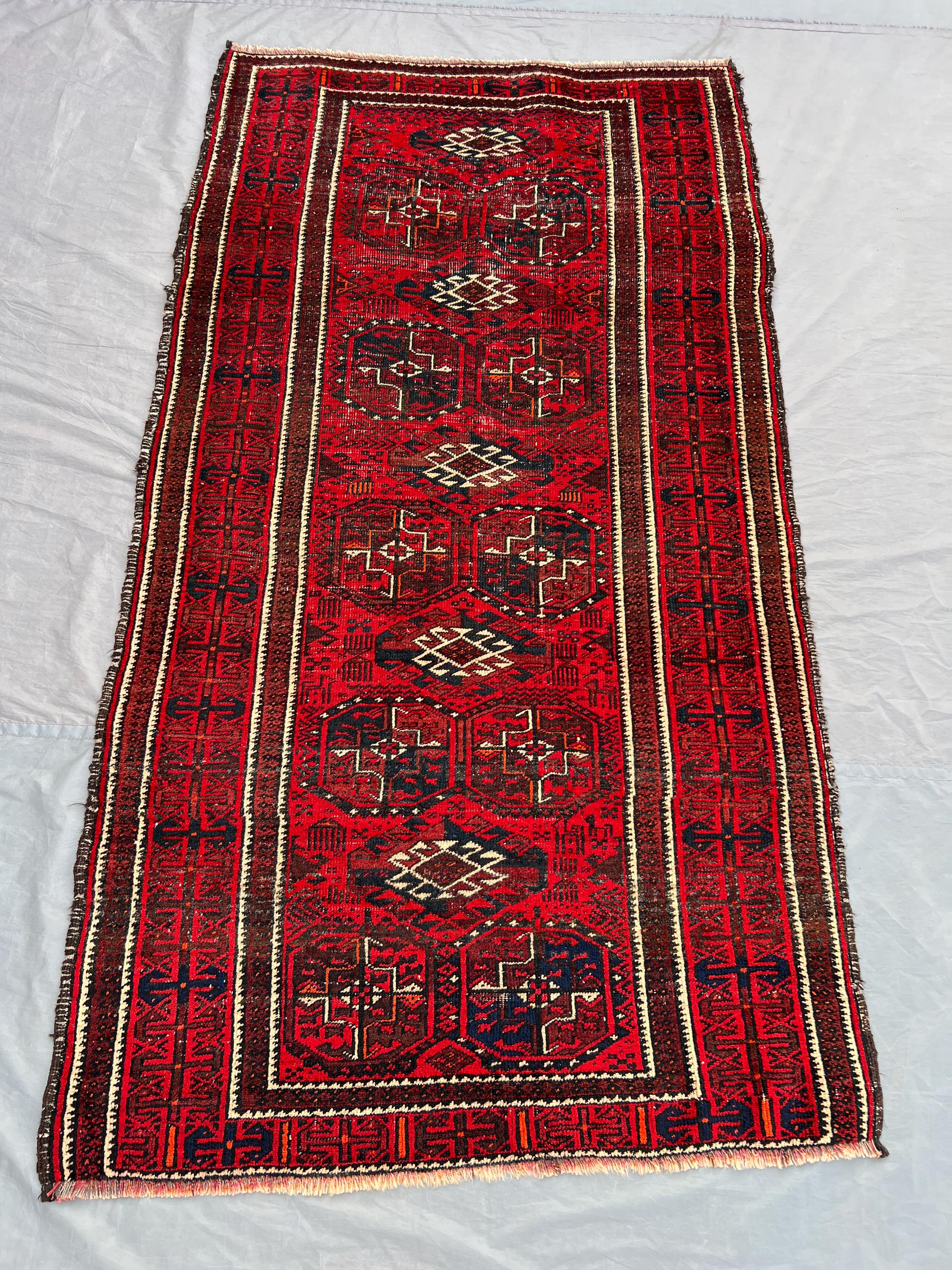 Antique Ersari Rug 3'3 x 6 ft | Turkmen Bukhara Style Wool Carpet | Red Tribal Runner Rug | Hand Knotted Afgha