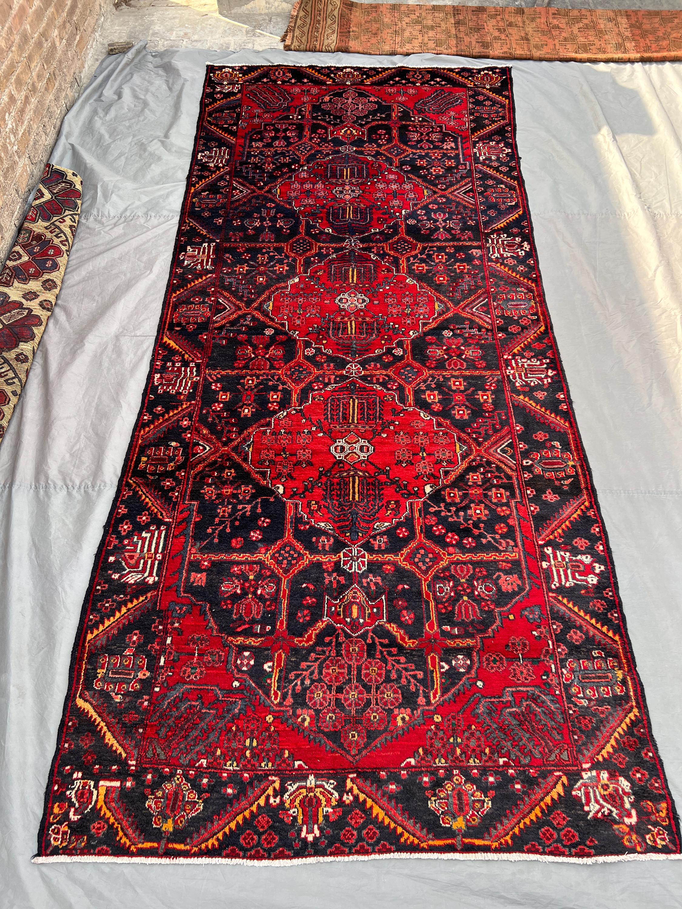Antique Turkish Inspired Rug 5'5x12'5 ft | Caucasian Style Tribal Wool Runner | Hand Knotted Red Navy Medallion Carpet | Vintage Hall Decor