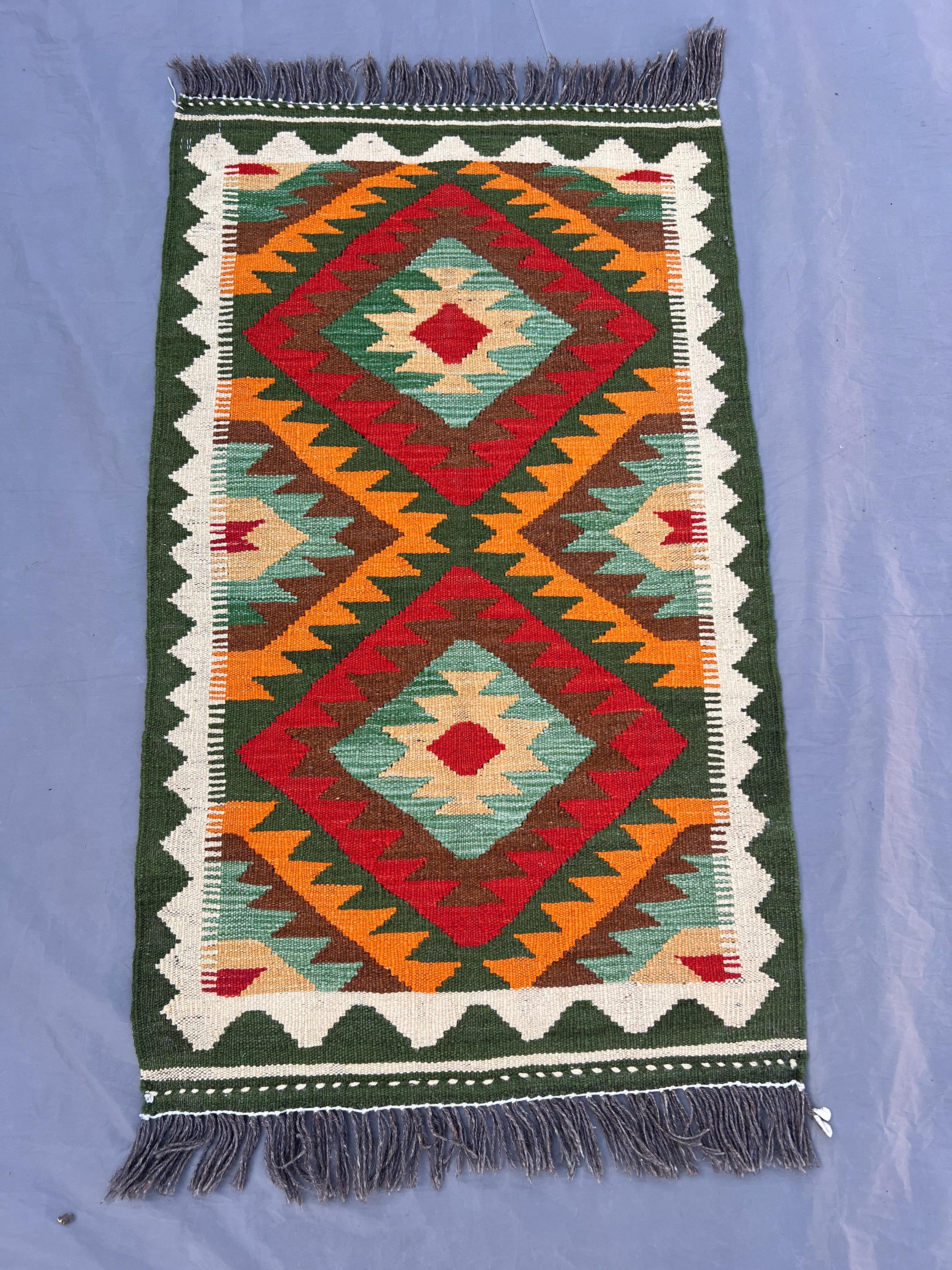 Afghan Mini Kilim Rug, 2x3 Handwoven Wool Flat Weave | Tribal Accent Rug | Geometric Colorful Carpet | Small Boho Entryway Rug, Bathroom rug