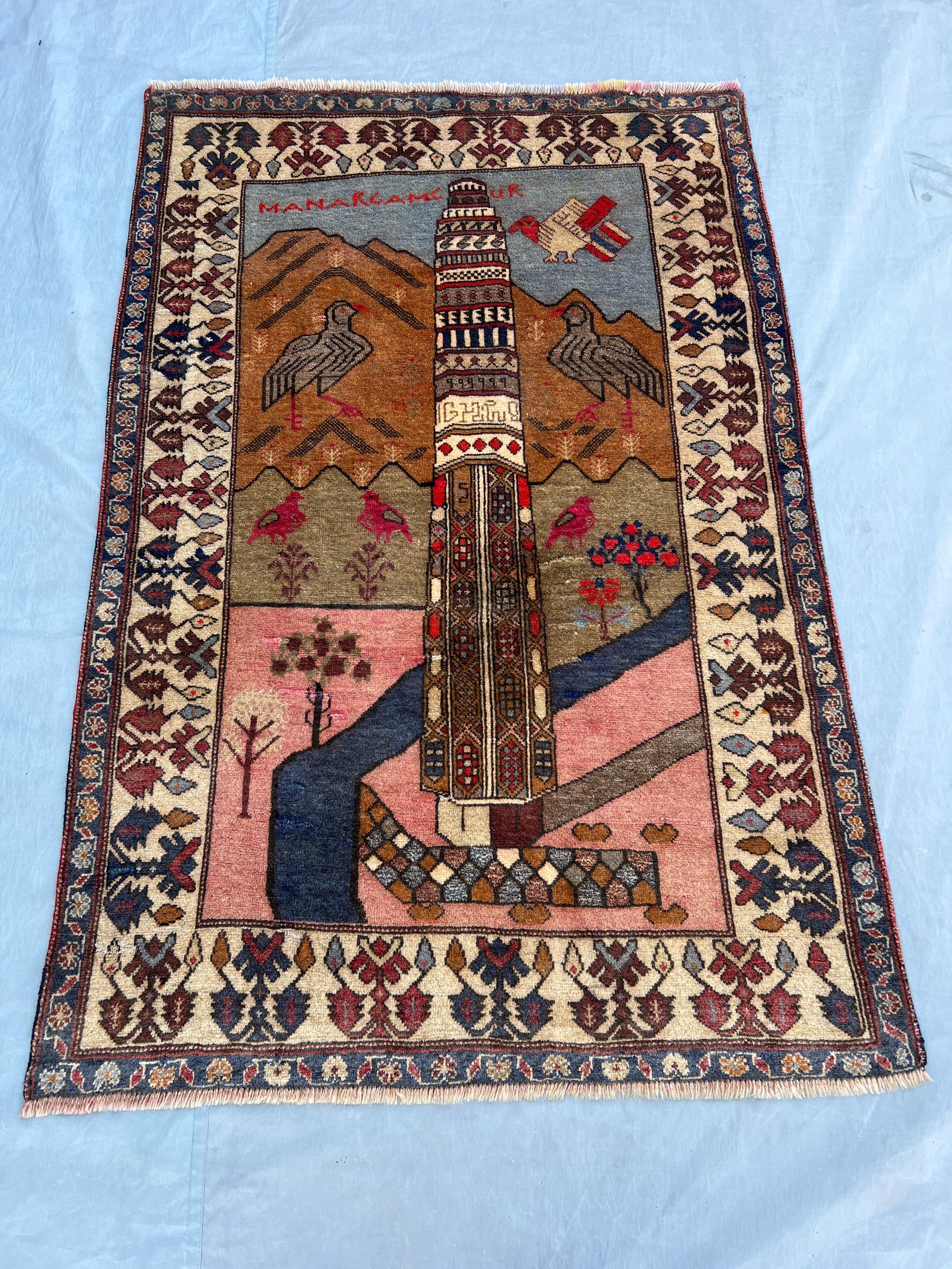 3'11 x 5'11 ft Vintage Afghan Baluchi Handknotted Pictorial Rug, Lighthouse & Animal Print, Boho Decor, Tribal