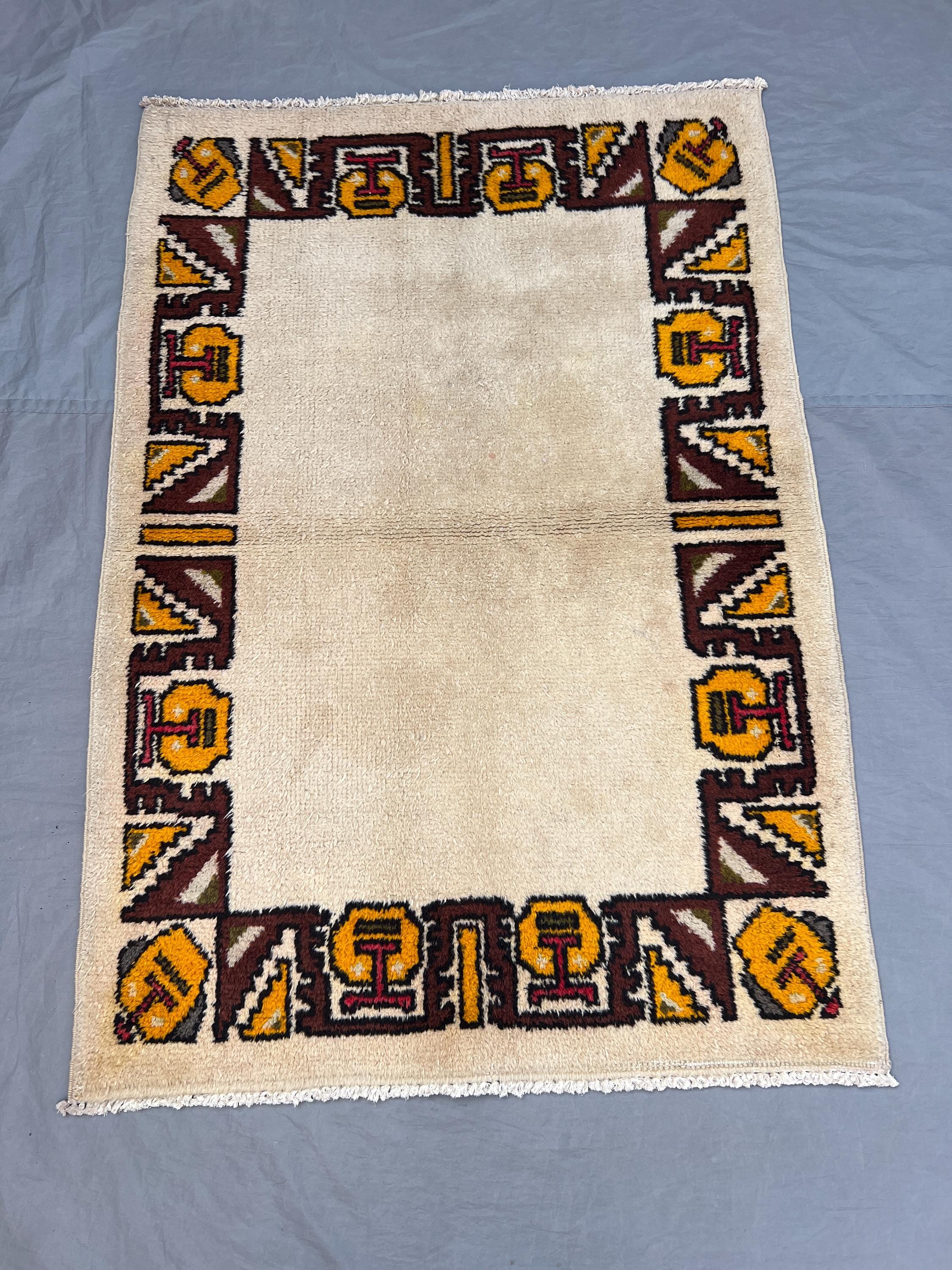3'4x4'10 ft Vintage Afghan Pile Rug | Handknotted Open Field Bold Geometric Border | Ivory & Vivid Gold Wool | Accent Rug Bedside Entryway