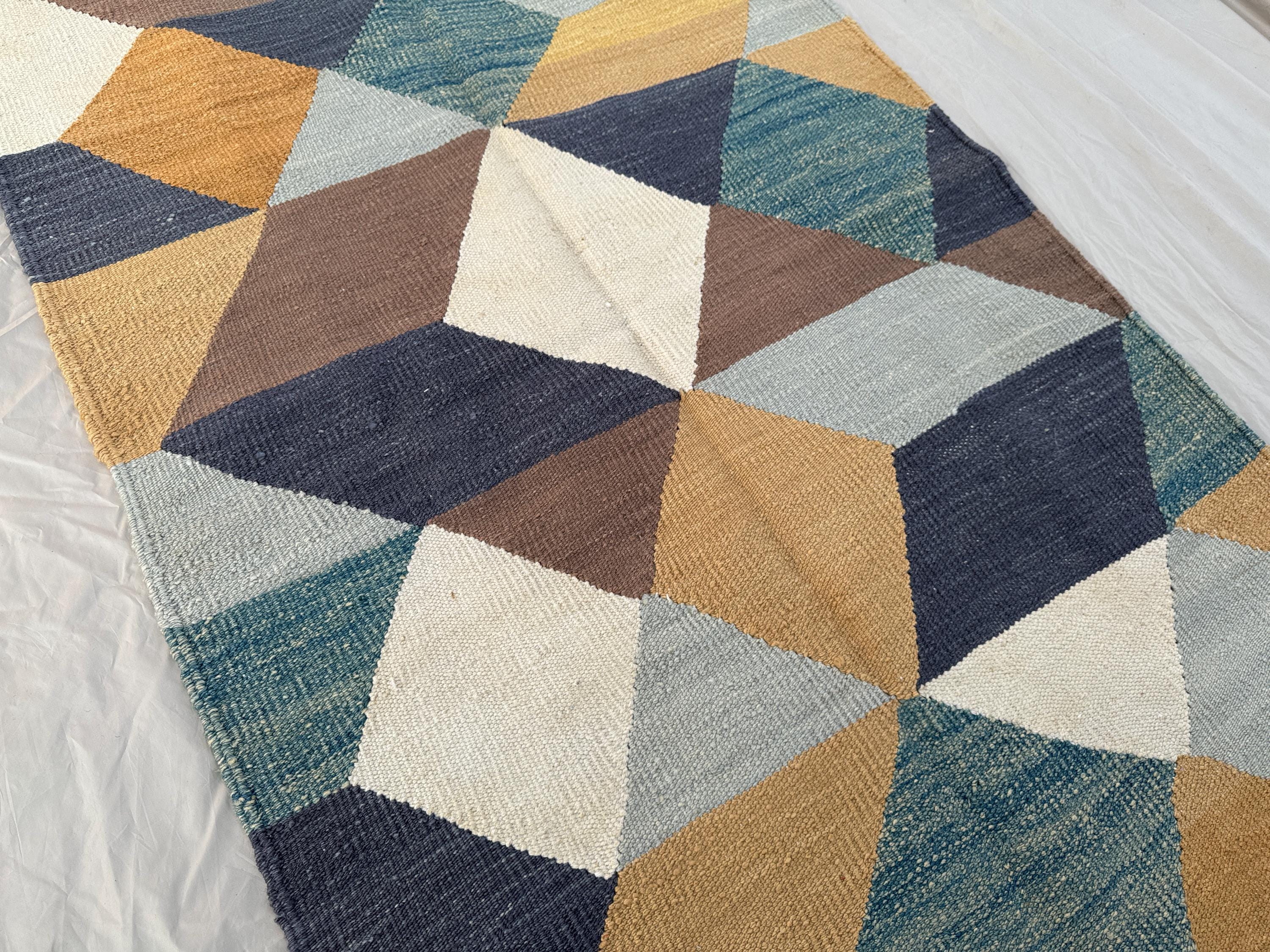 Handmade Geometric Wool Rug, 3.8x6.5 ft, Mustard and Blue, Diamond Design, Modern Area Rug, Handwoven Wool, Contemporary Decor, Bedroom Rug
