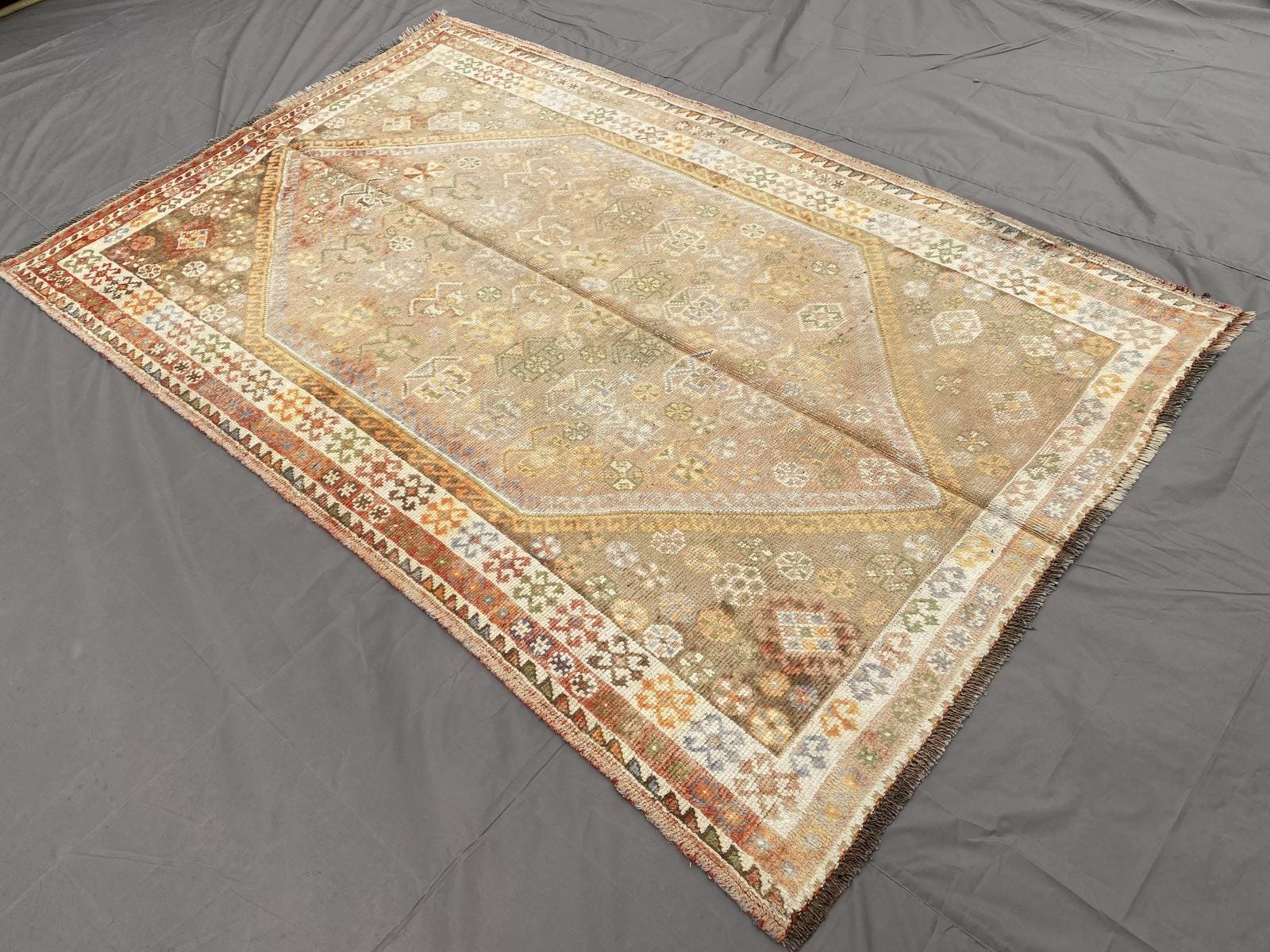 Antique Caucasian Low-Pile Rug – Distressed Terracotta Afghan Tribal Carpet – One-of-a-Kind Vintage Moroccan Style Wool Rug, Bedroom Rug