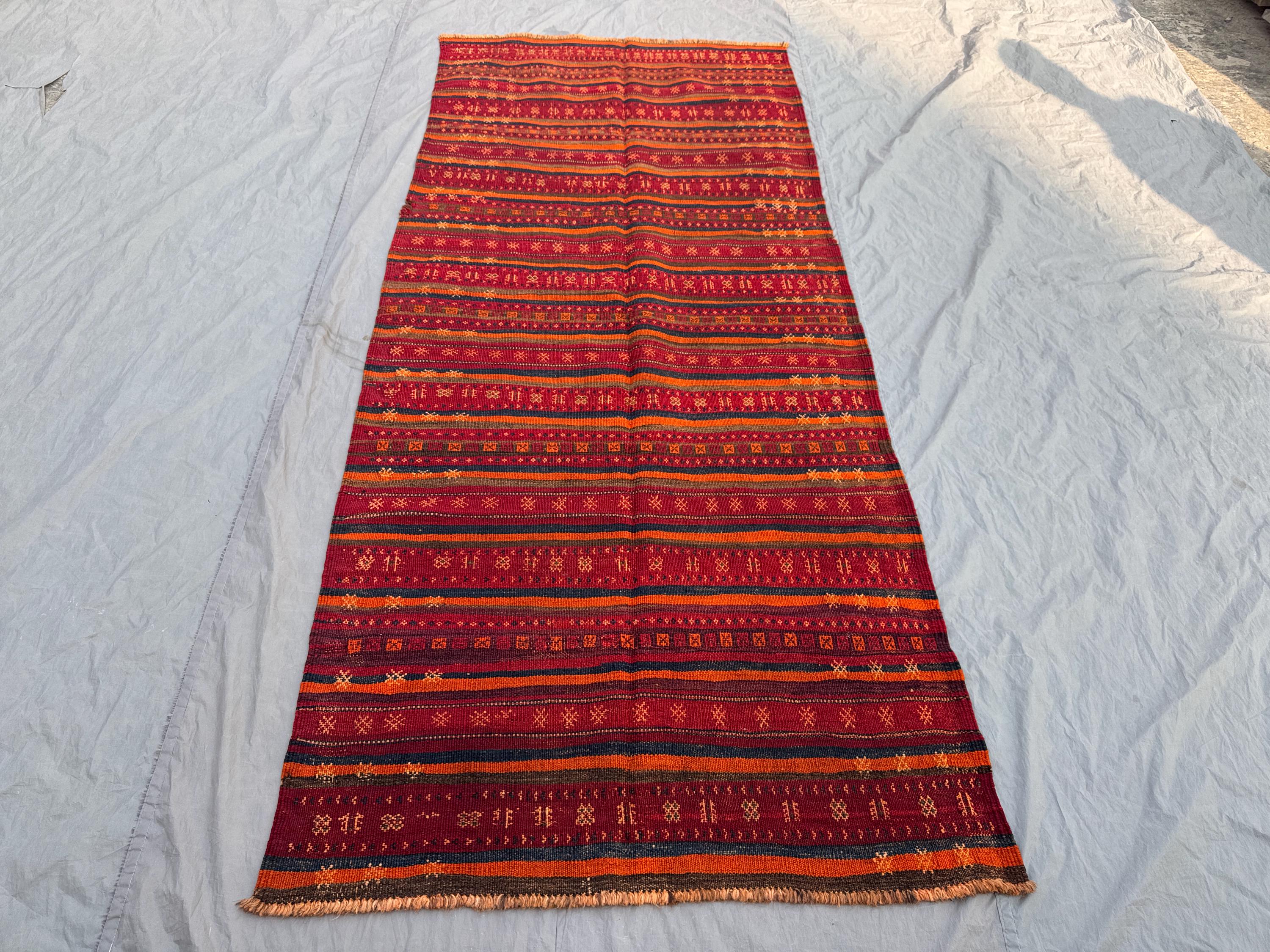 4 x 9'5 ft Antique Afghan Hand Knotted Kilim Flat Weave No Pile Distressed Wool Rug Tribal Vintage Runner Hall