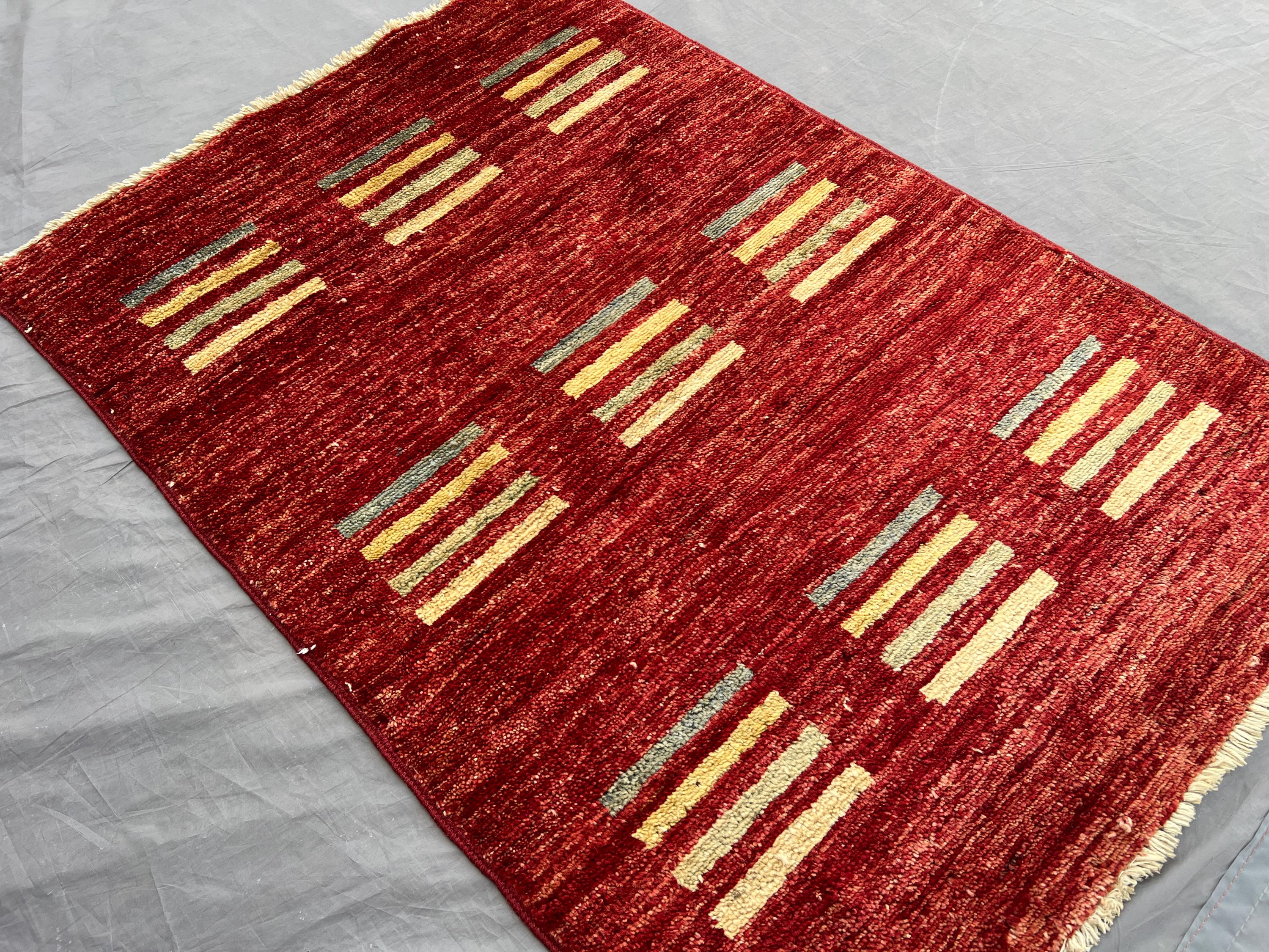 Afghan Gabbah Rug 2'2x3'1 ft | Hand Knotted Wool Berber Style Carpet | Minimalist Tribal Design | Red Small Area Rug for Entryway, Kids rug