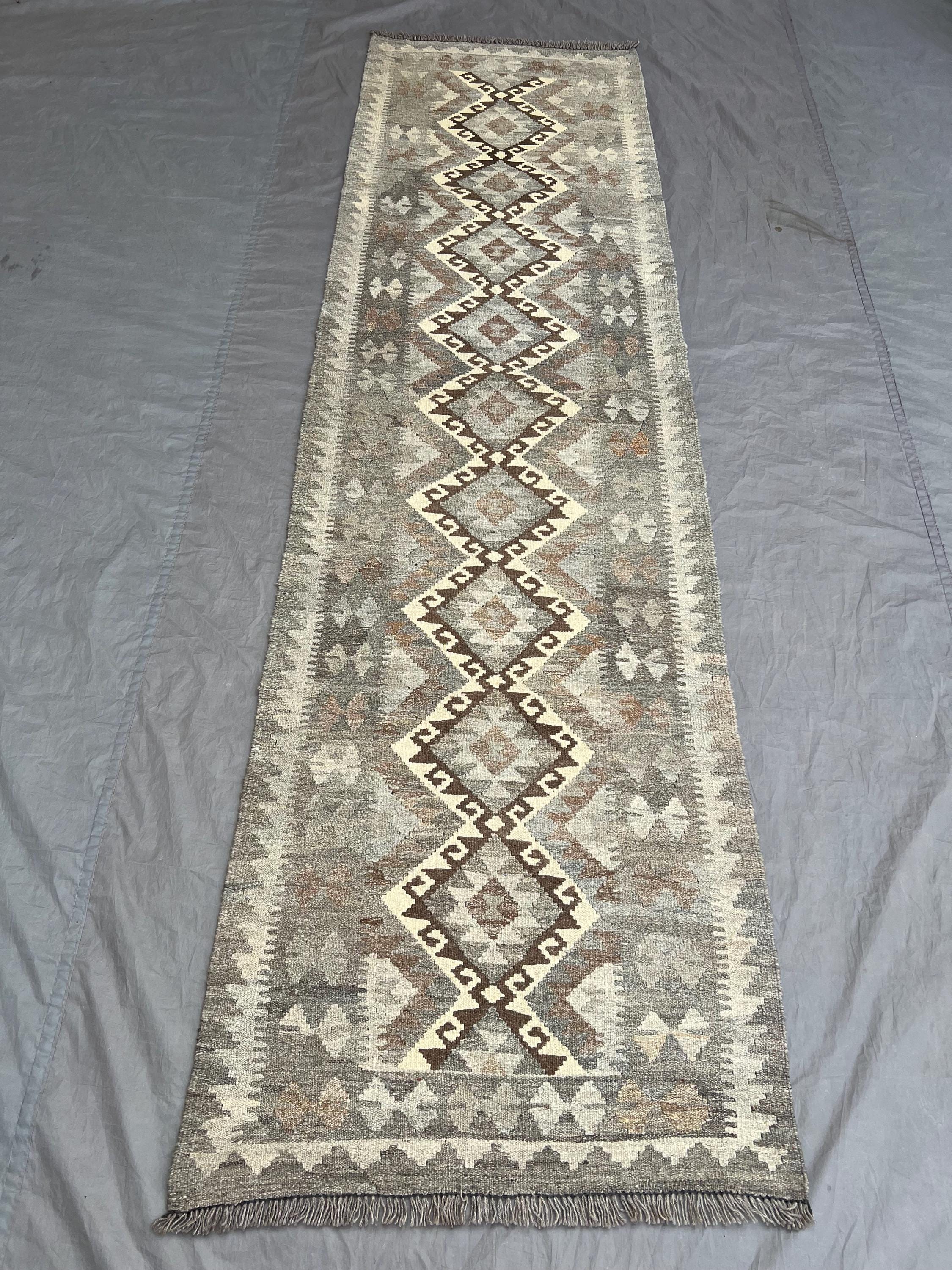Unique 3 x 10 ft Afghan Hand-Woven Vintage Flat-Weave Kilim Runner Faded Maimana Design Large Hallway Rug One-of-a-Kind Wool Tribal Rug