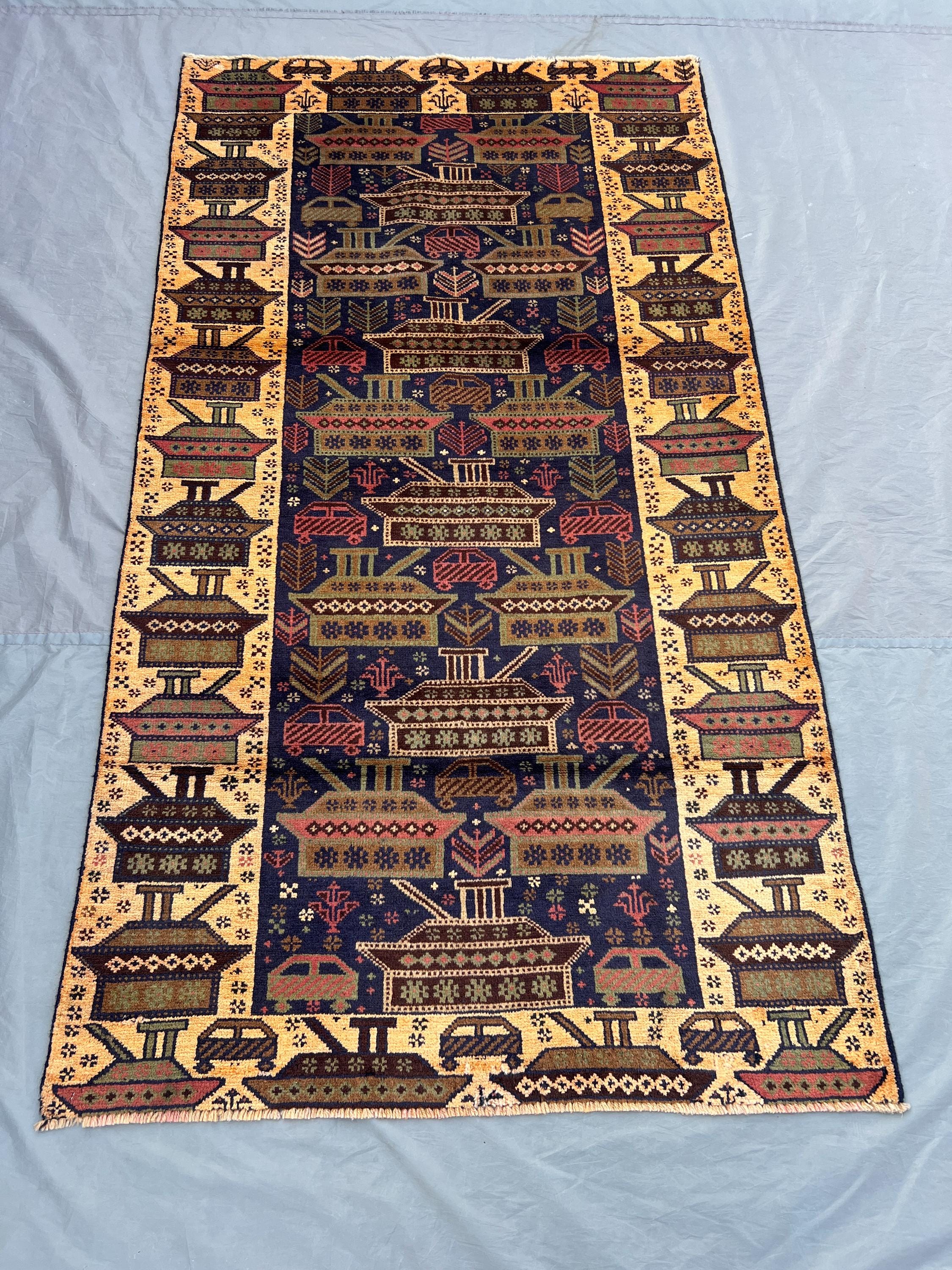 Afghan Pictorial War Rug | 4x7 Hand-Knotted Wool rug | Vintage Baluchi Tribal Design | Soft Pile Collectible A