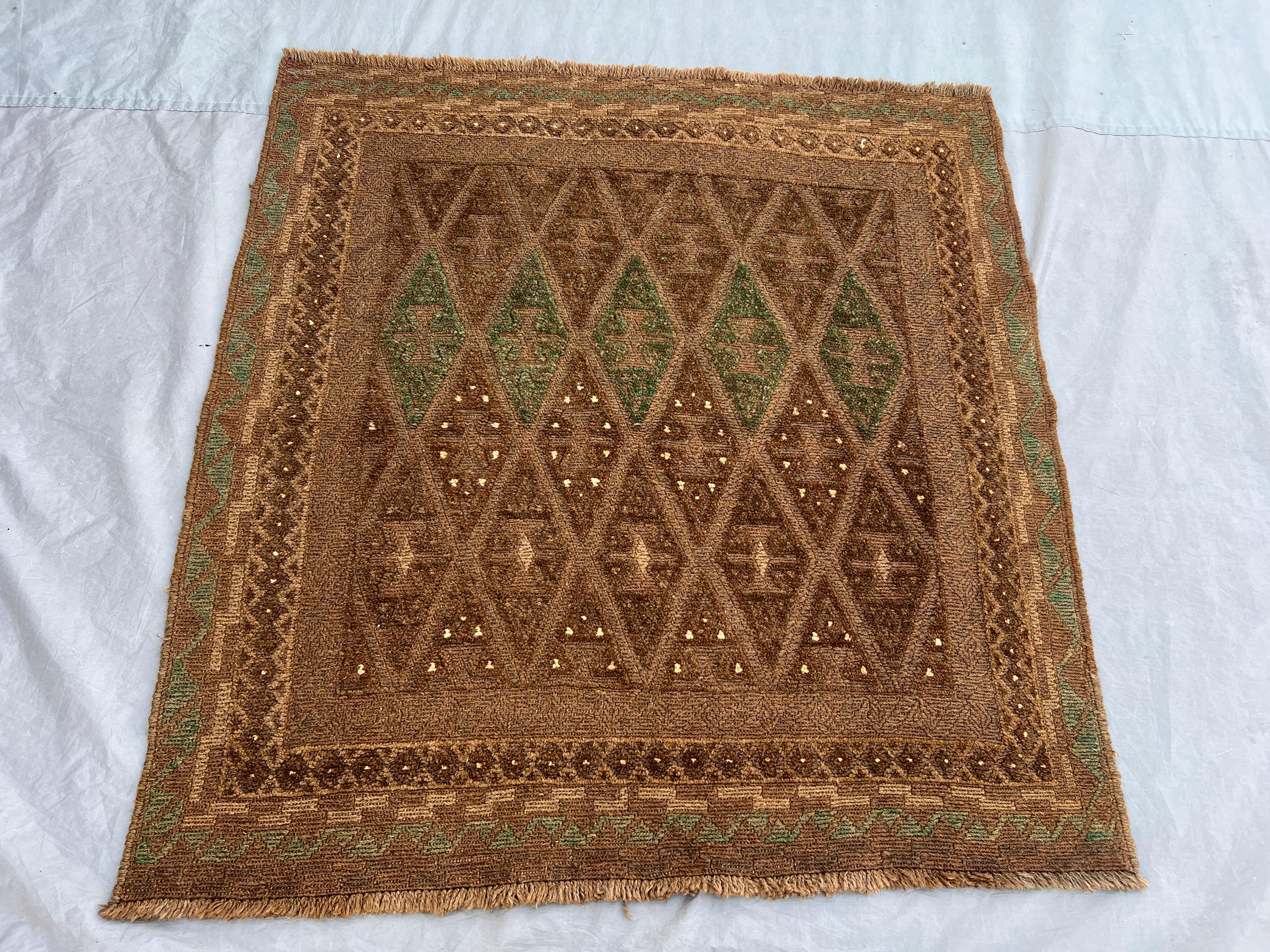4'2x4'3 Ft Afghan Baluchi Hand-Knotted Vintage Rug, Soft Pile, Geometric Design, Tribal Wool, Unique Antique H