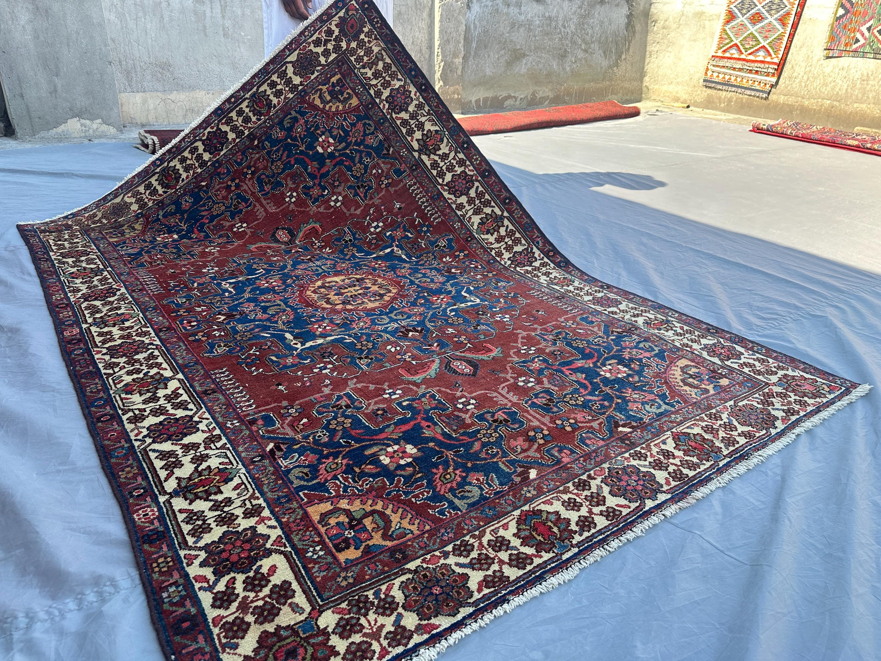 1900s Rare Antique Afghan Rug, 5x7 Tribal Low Pile Wool Rug, Hand Knotted Geometric Carpet | Caucasian Style Bedroom Rug, Vintage Area Decor