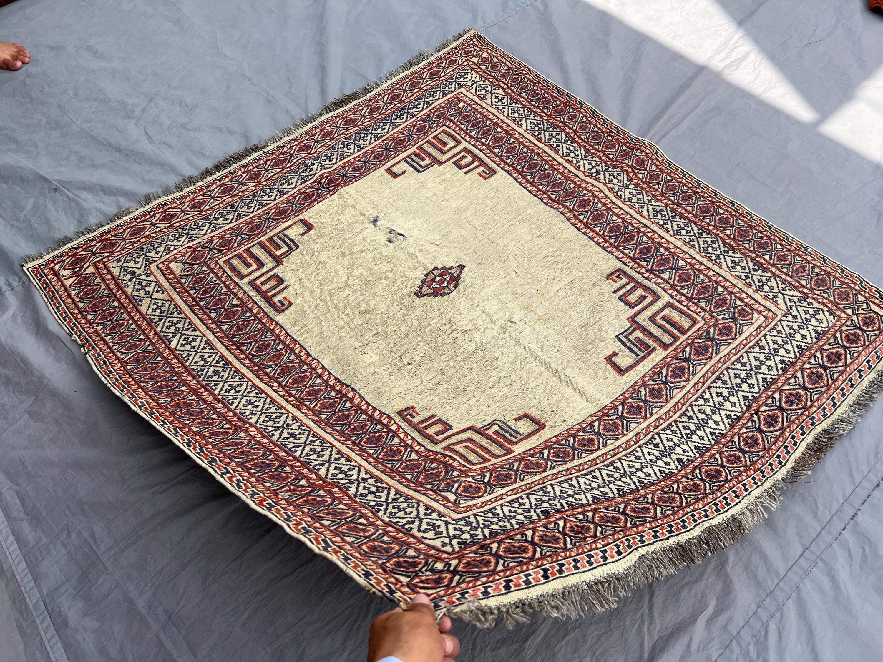 5x5 Antique Afghan Kilim Rug | Square Handwoven Wool Rug for Dining | Tribal Turkish Style Flatweave | Boho Vintage Area Carpet, Bedroom Rug