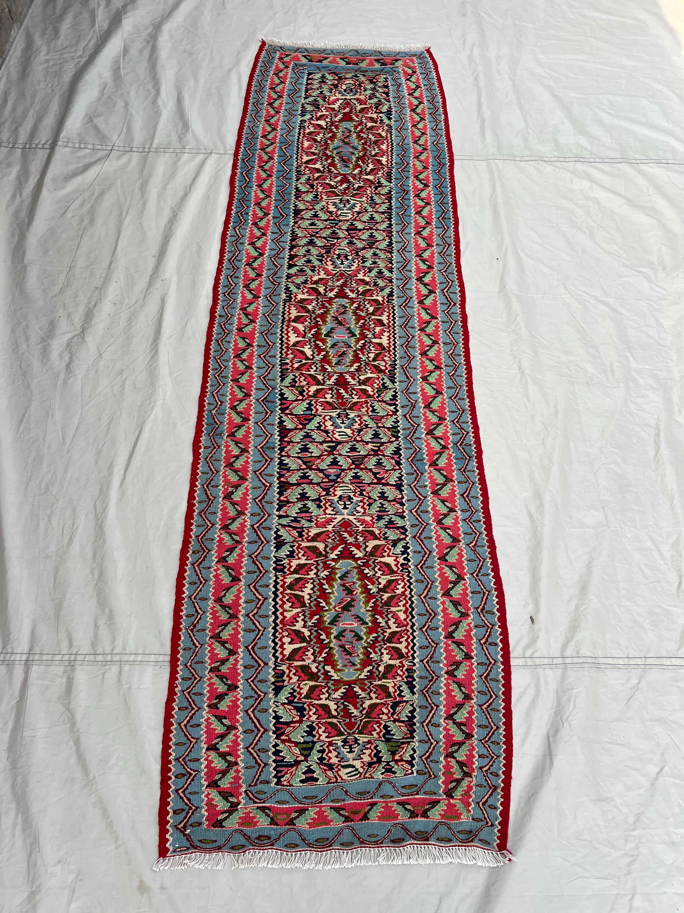 2'2x7'8 Ft Vintage Afghan Senneh Kilim Runner Flatweave | Red Pink Sky Blue Floral | Handwoven Wool Rug for Ha