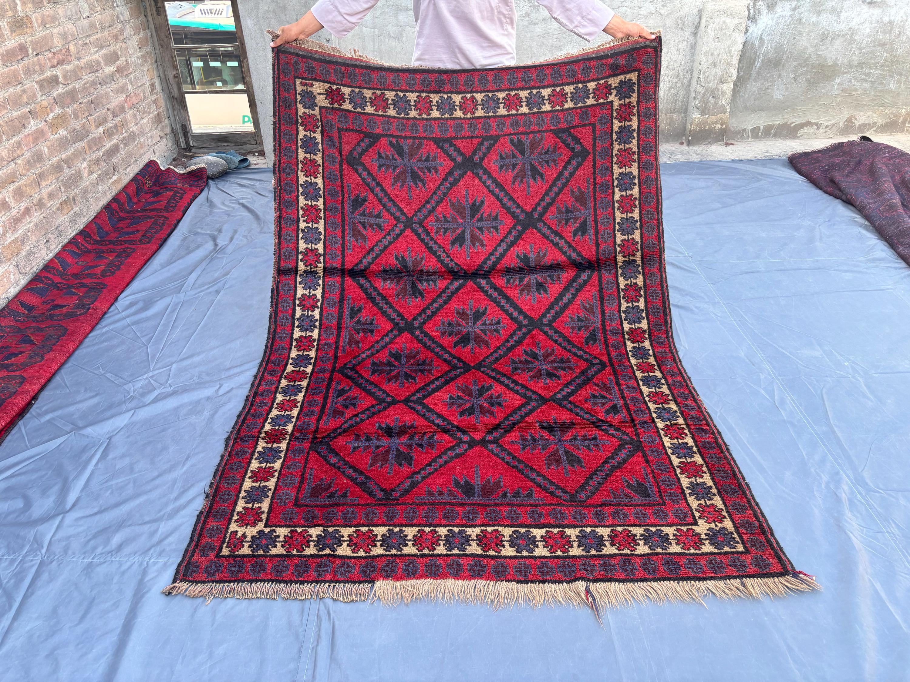 5 x 7 ft Red Vintage Afghan Hand-Knotted Rug Geometric Tribal Design Soft Wool Fine Pile Oriental Carpet for L