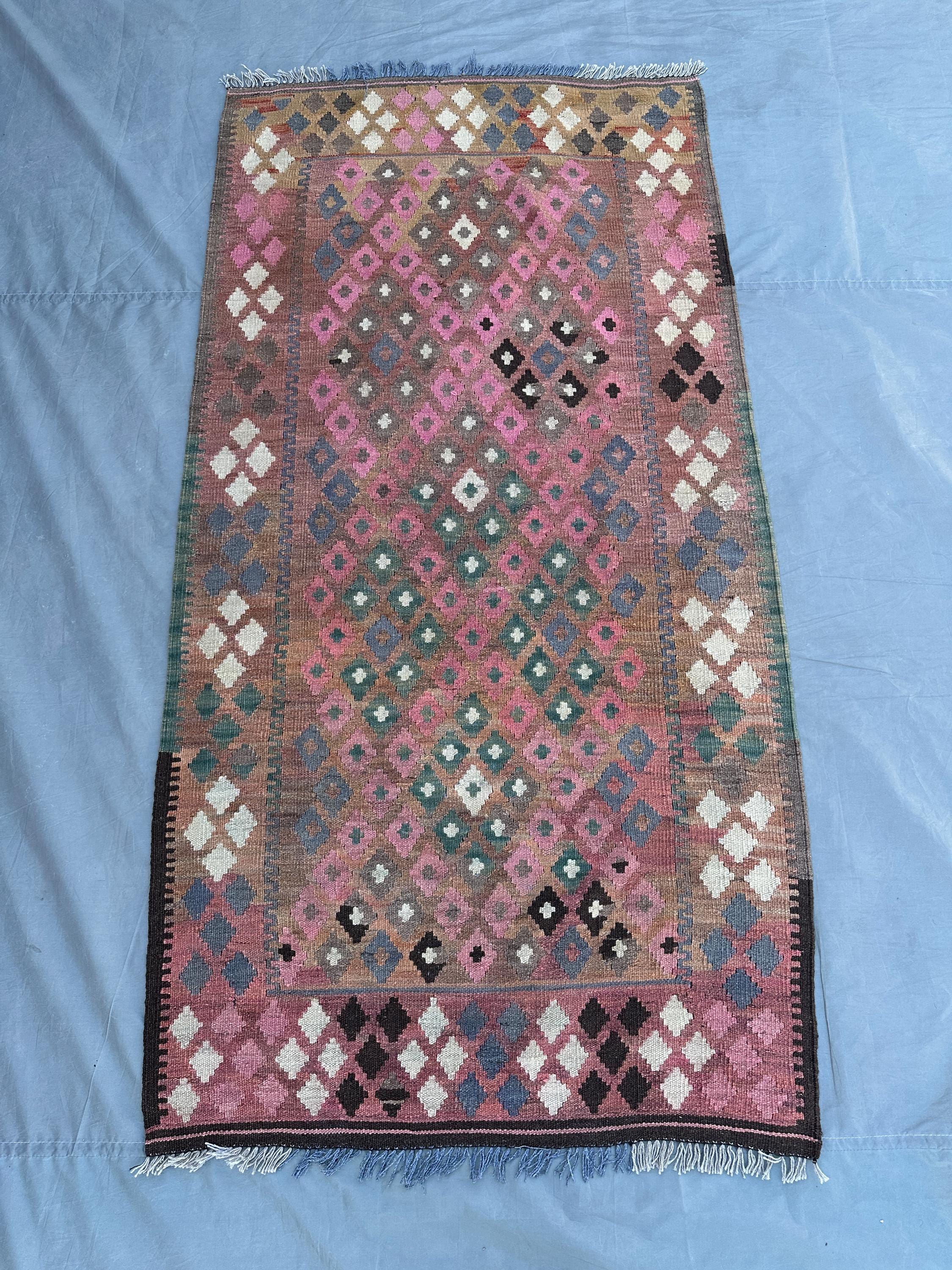 4x7 Handmade Afghan Flat Weave Rug, Vintage Turkmen Faded Kilim, Geometric Wool Kitchen Carpet, 1970s Bohemian