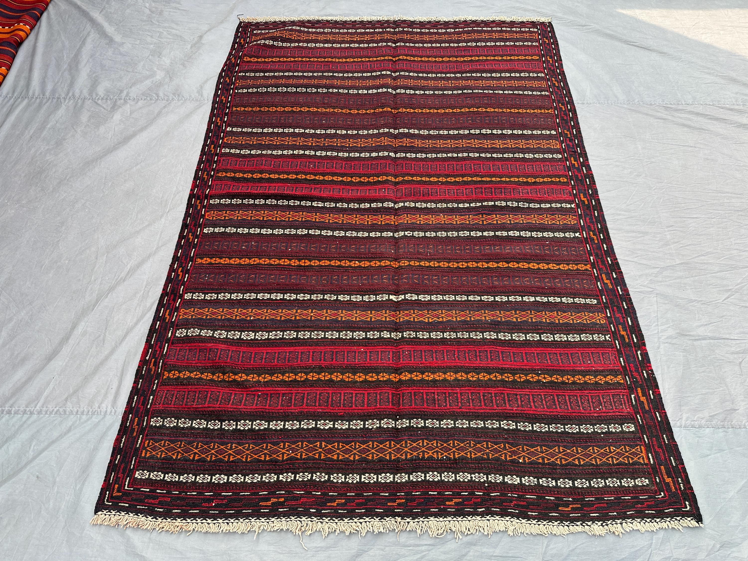 5x8 Afghan Kilim Rug | Tribal Handmade Wool Flat Weave Carpet | Red Orange Striped Vintage Style Rug | Boho Et