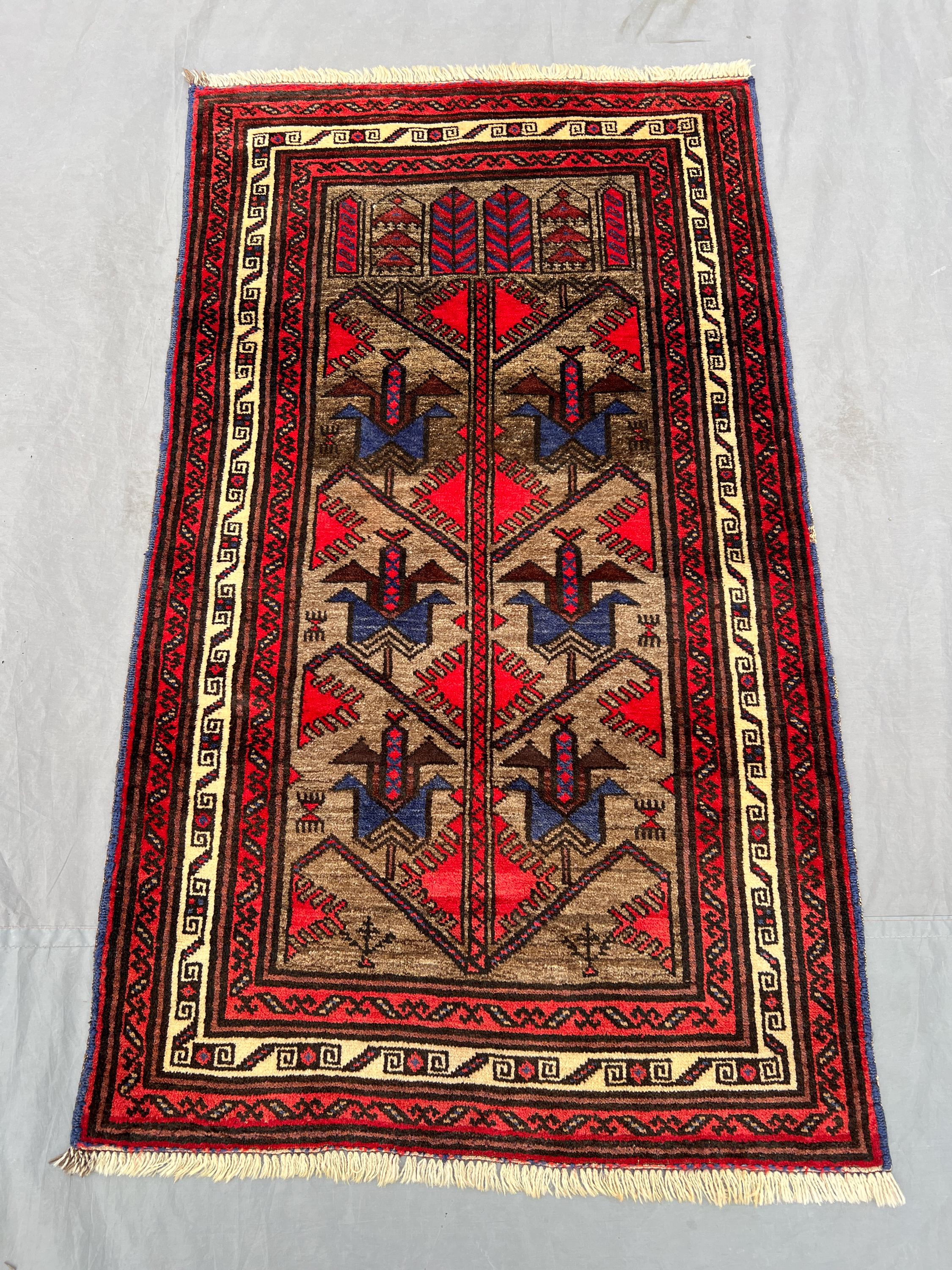 3x5 Vintage Afghan Tribal Rug | Hand Knotted Wool Carpet | Blue Red Prayer Design | Ethnic Boho Decor Mat | Oriental Accent Rug, Moss Rug