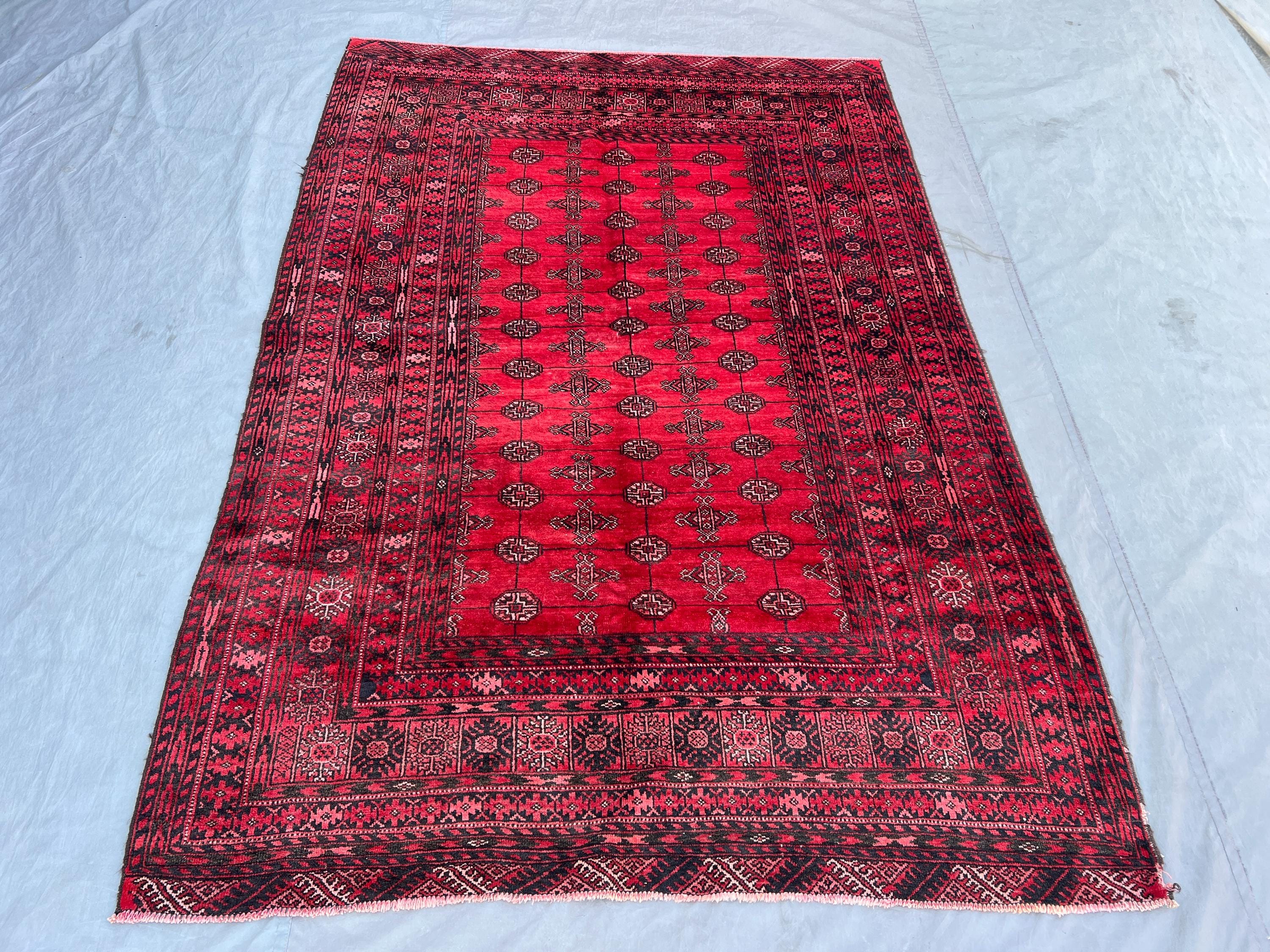 5'2x7'8 ft, Red Black Antique Afghan Baluchi Hand-Knotted Rug, Tribal Geomatric Design, Soft Pile, Wool, Livin