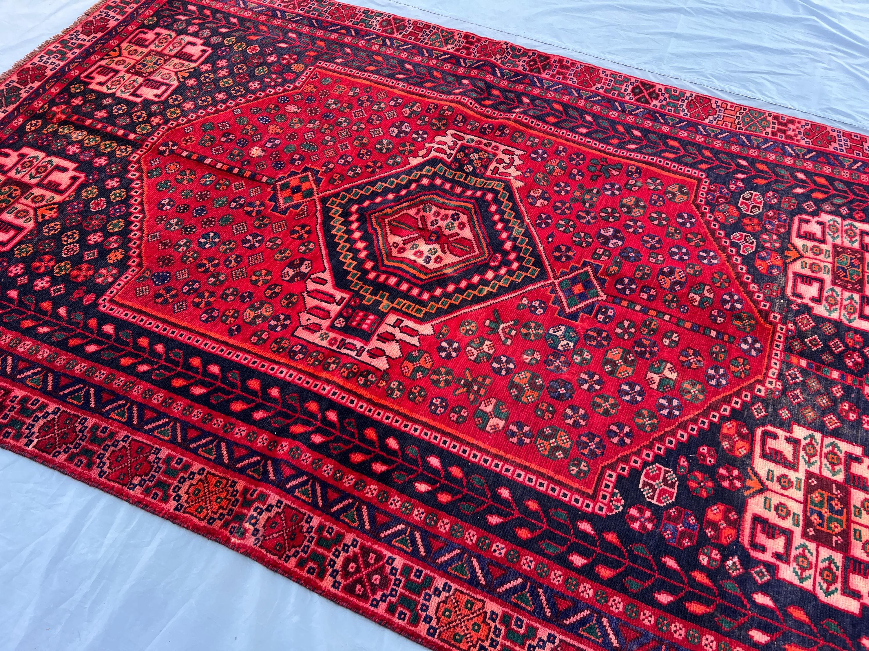 Handmade Afghan Turkmen Rug, 5x8 Vintage Wool Carpet | Red Geometric Tribal Area Rug | 1960s Hand-Knotted Rug, moroccan Rug, Boho Rug