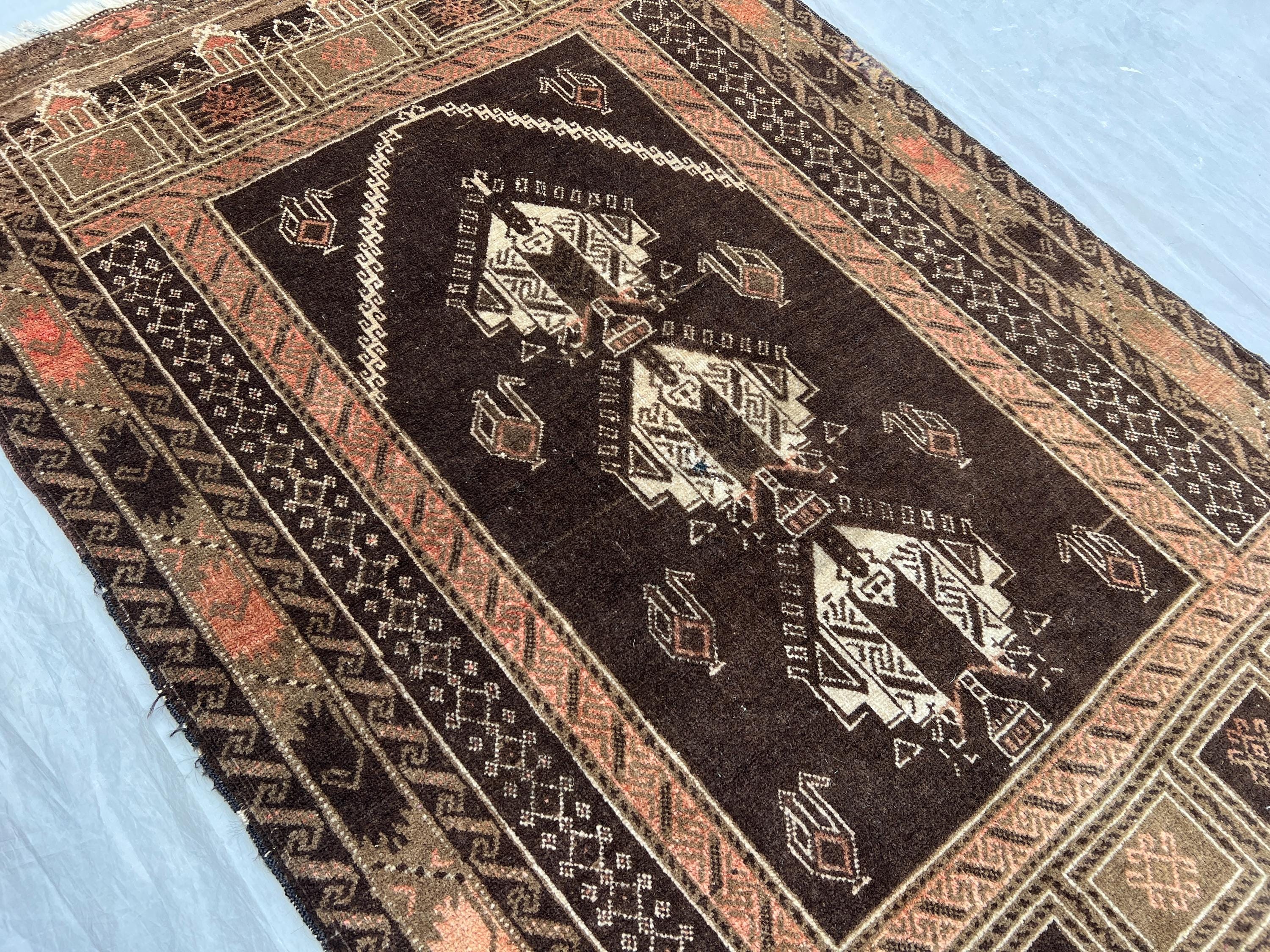 3'2" x 4'9" Vintage Afghan Prayer Rug, Hand-Knotted Wool, Geometric Pattern, Tribal Design, Rare Home Decor, Soft Pile, Brown Beige Moss Rug