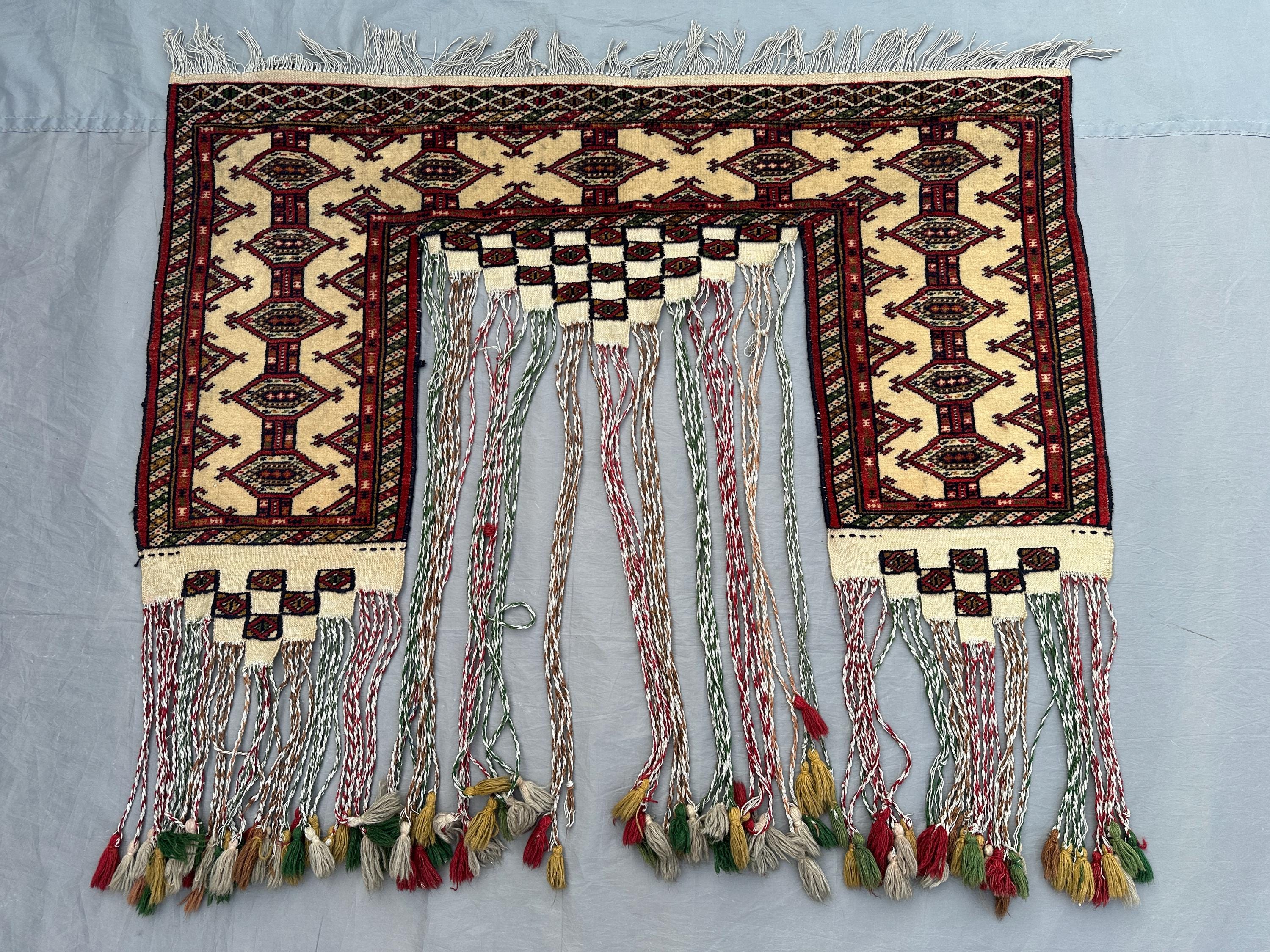 2.5x4.2 ft Vintage Turkmen Jalar Rug | Handwoven Wool | Traditional Tribal Design with Tassels | Geometric Wool Rug | Wall hanging Rug